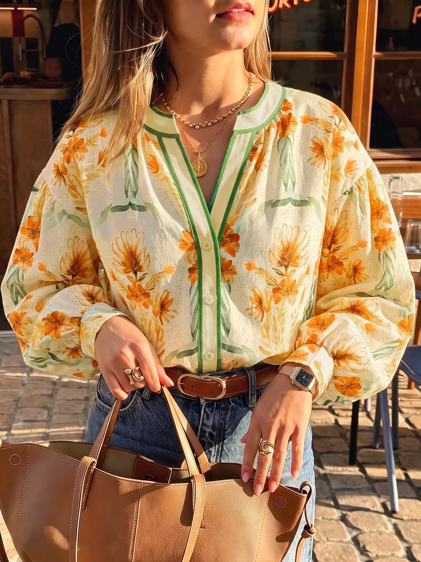 SYNZ Floral Print V Neck Long Sleeve Shirt
