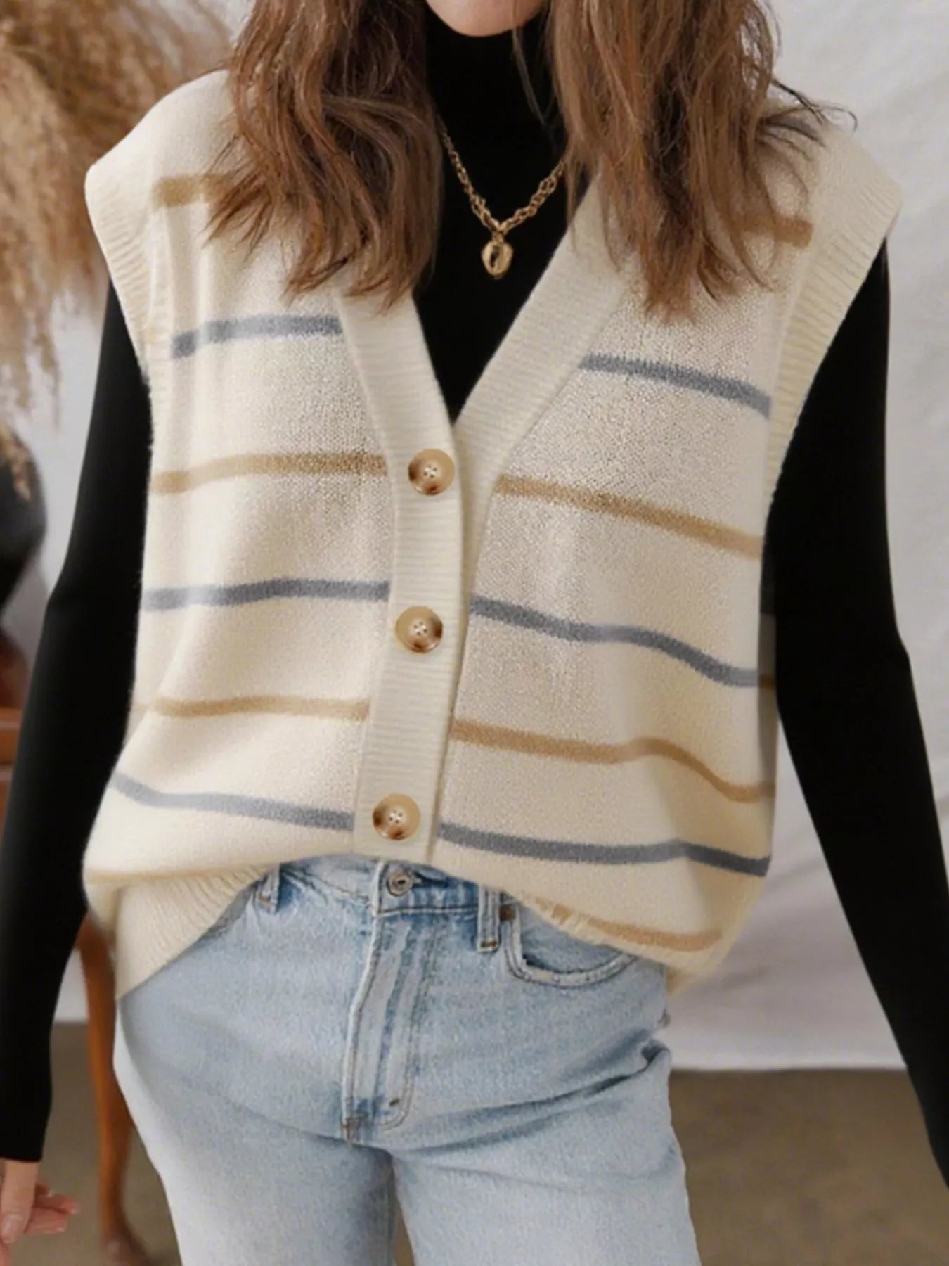 SYNZ Striped Button-Down Sweater Vest
