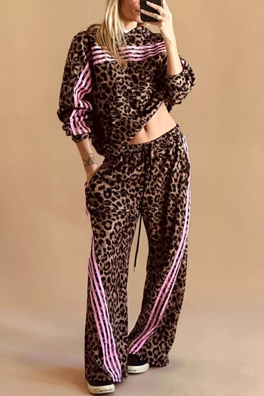 SYNZ Leopard Print Contrast Striped Detail Long Sleeve Top Pant Set