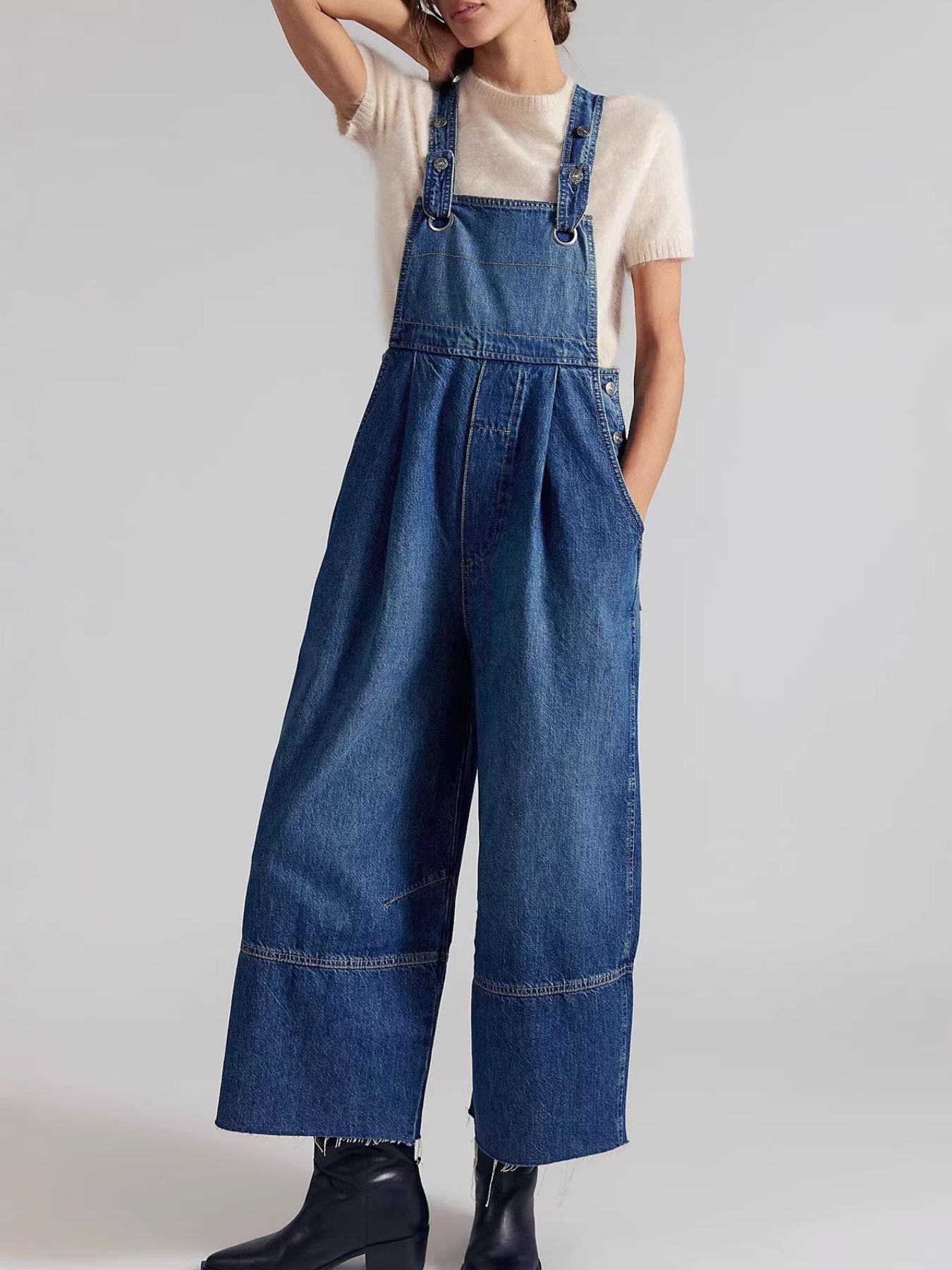 Velvet Ocean Raw Hem Wide-Leg Denim Overalls