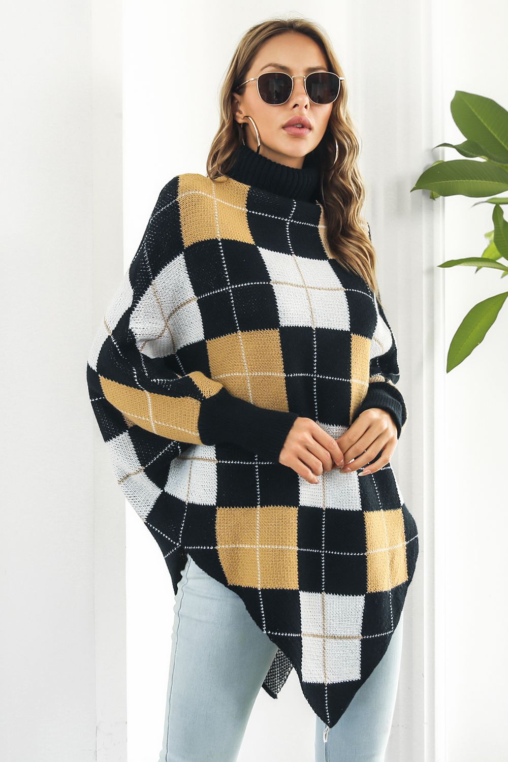 B&S Plaid Turtleneck Dolman Sleeve Poncho