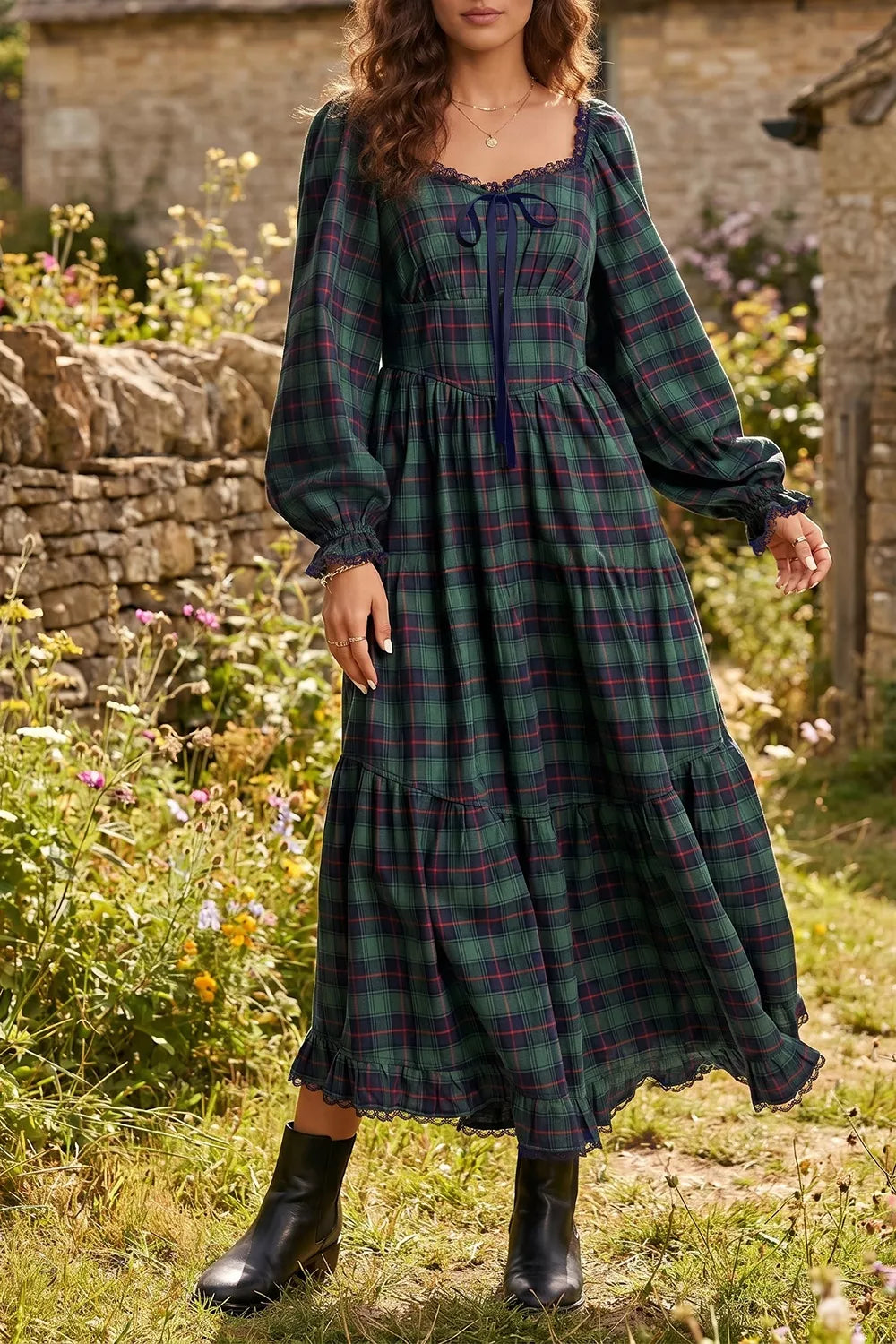 SYNZ Plaid Long Sleeve Tiered Midi Dress
