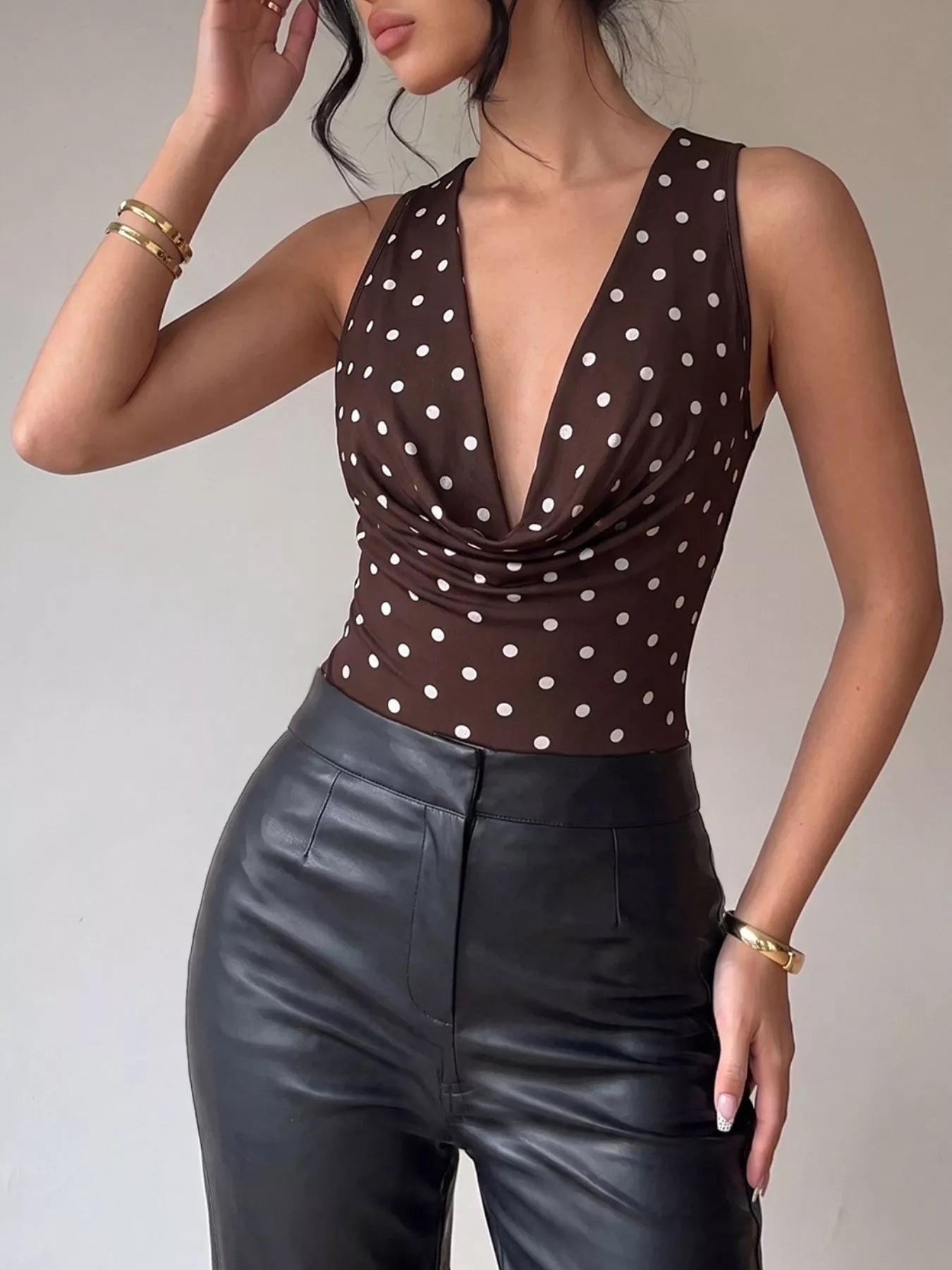 Perfee Polka Dot Cowl Neck Bodysuit