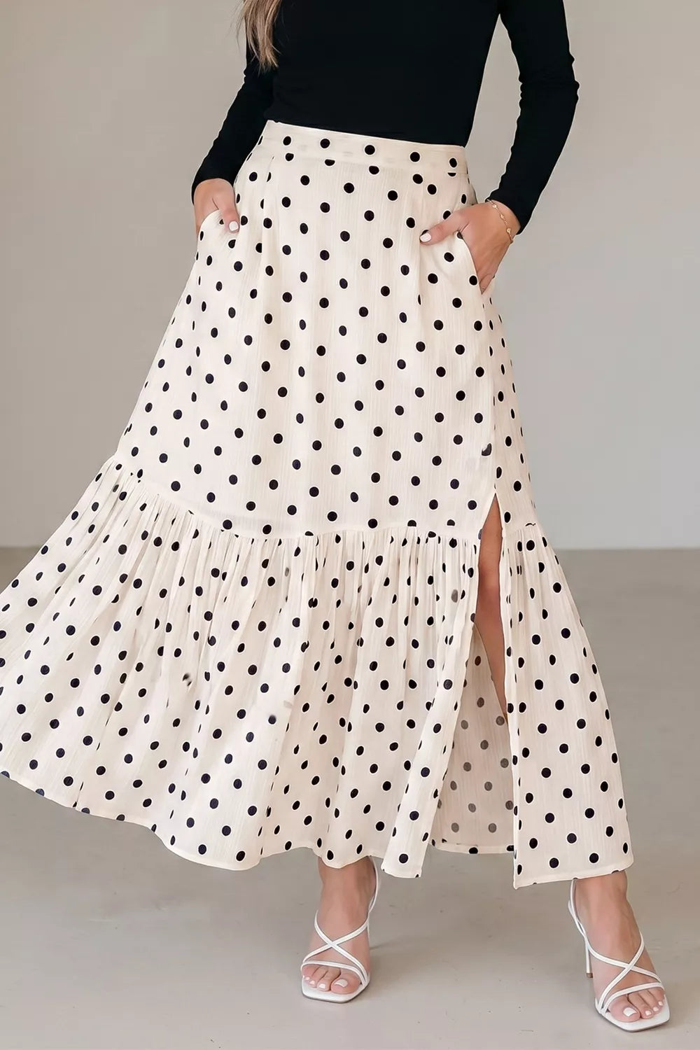 SYNZ Polka Dot Ruffled Slit Maxi Skirt