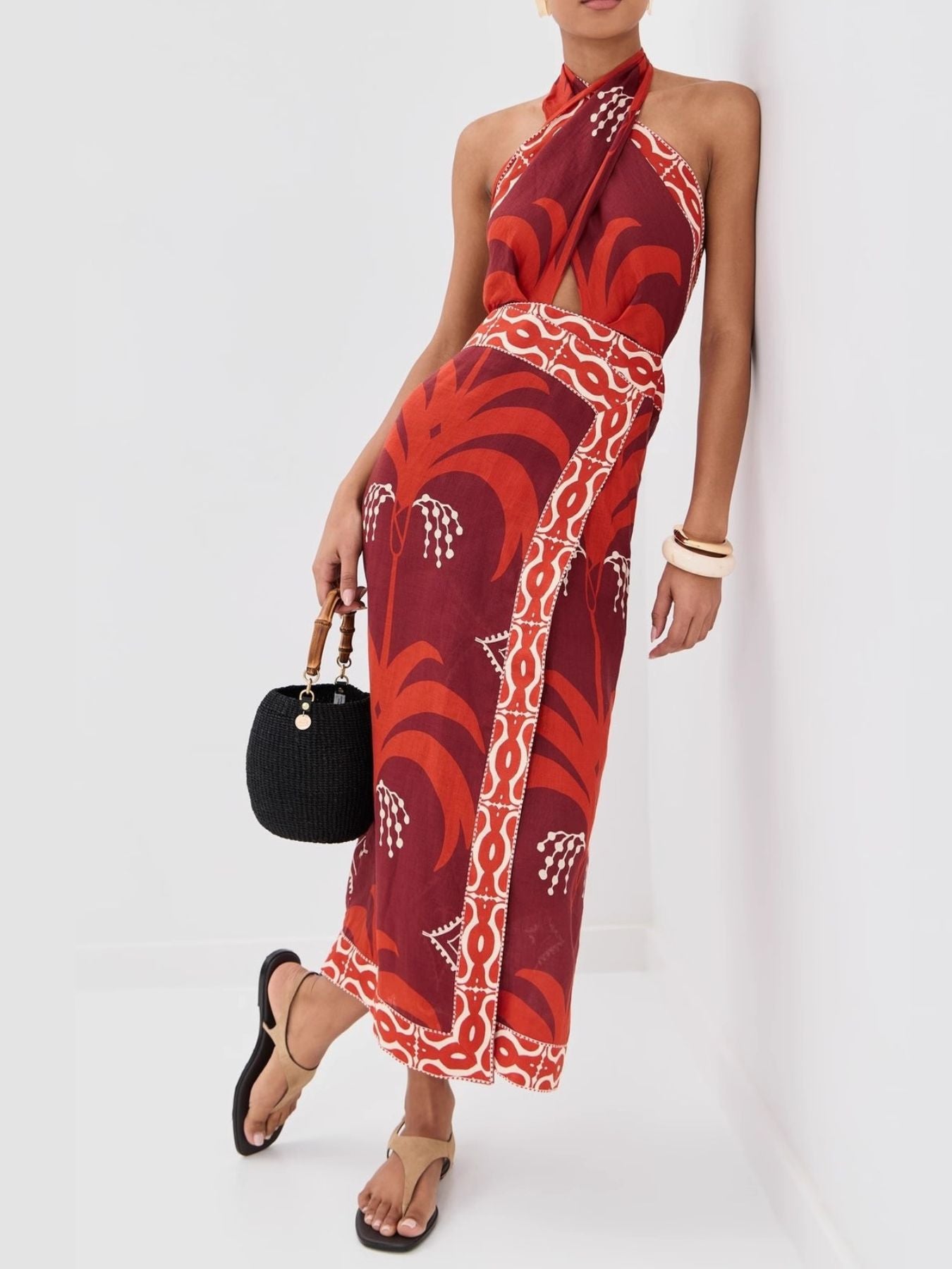 Becoming June Tropical Print Halter Neck Wrap Dress