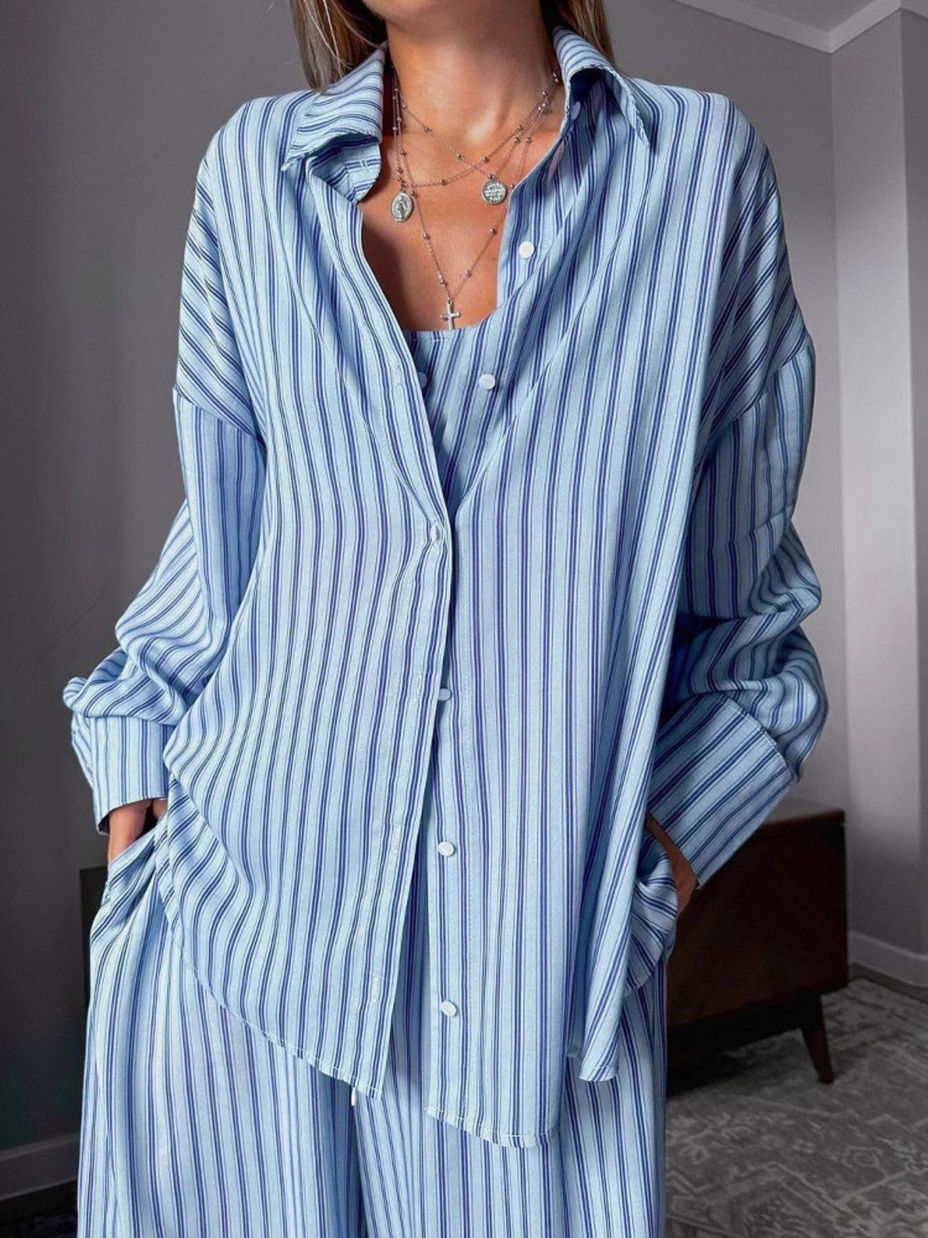 Peony Striped Cami & Shirt and Pants Lounge Set