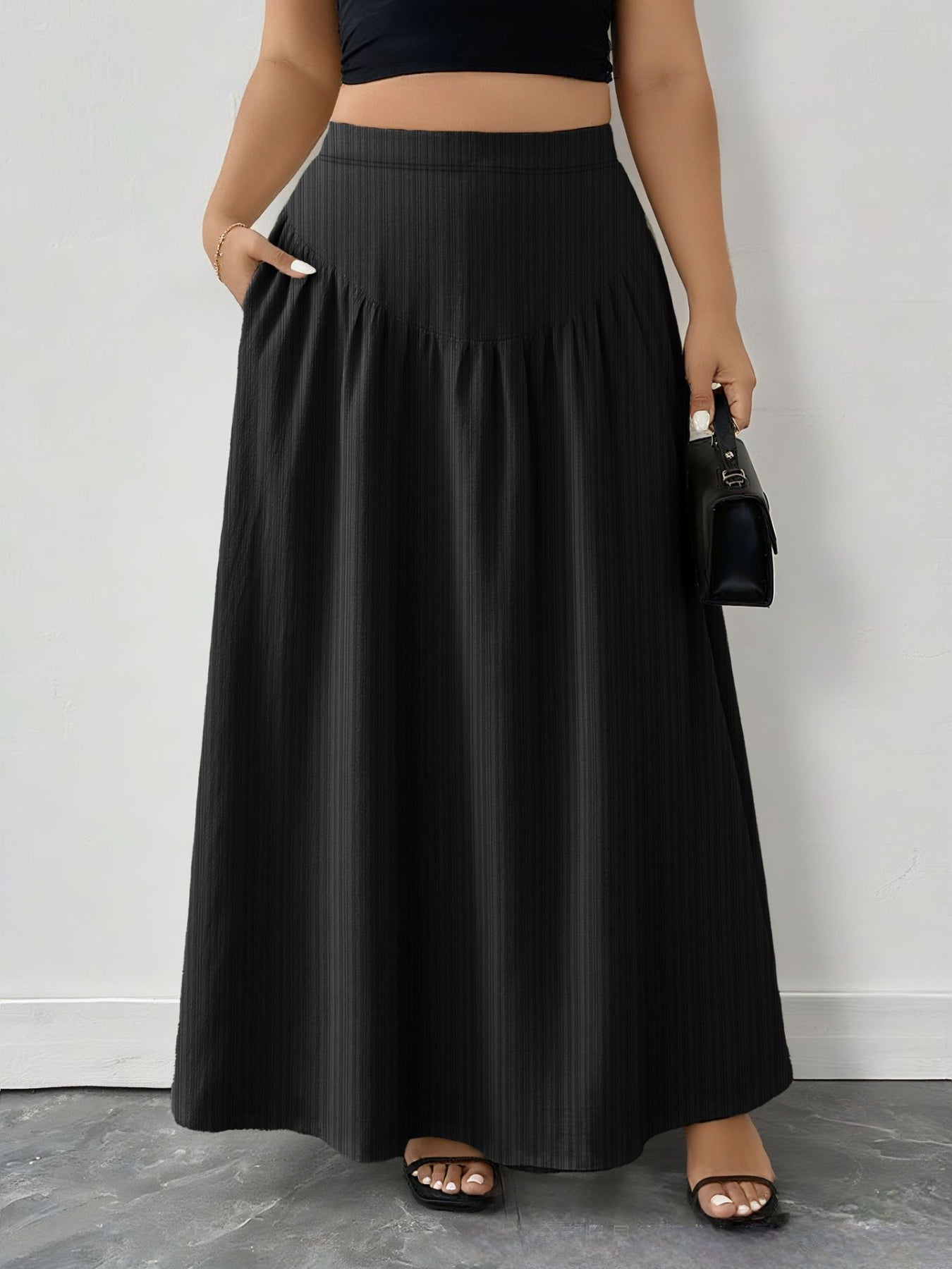 Glamour Grove Plus Size Ruched Maxi Skirt with Pockets