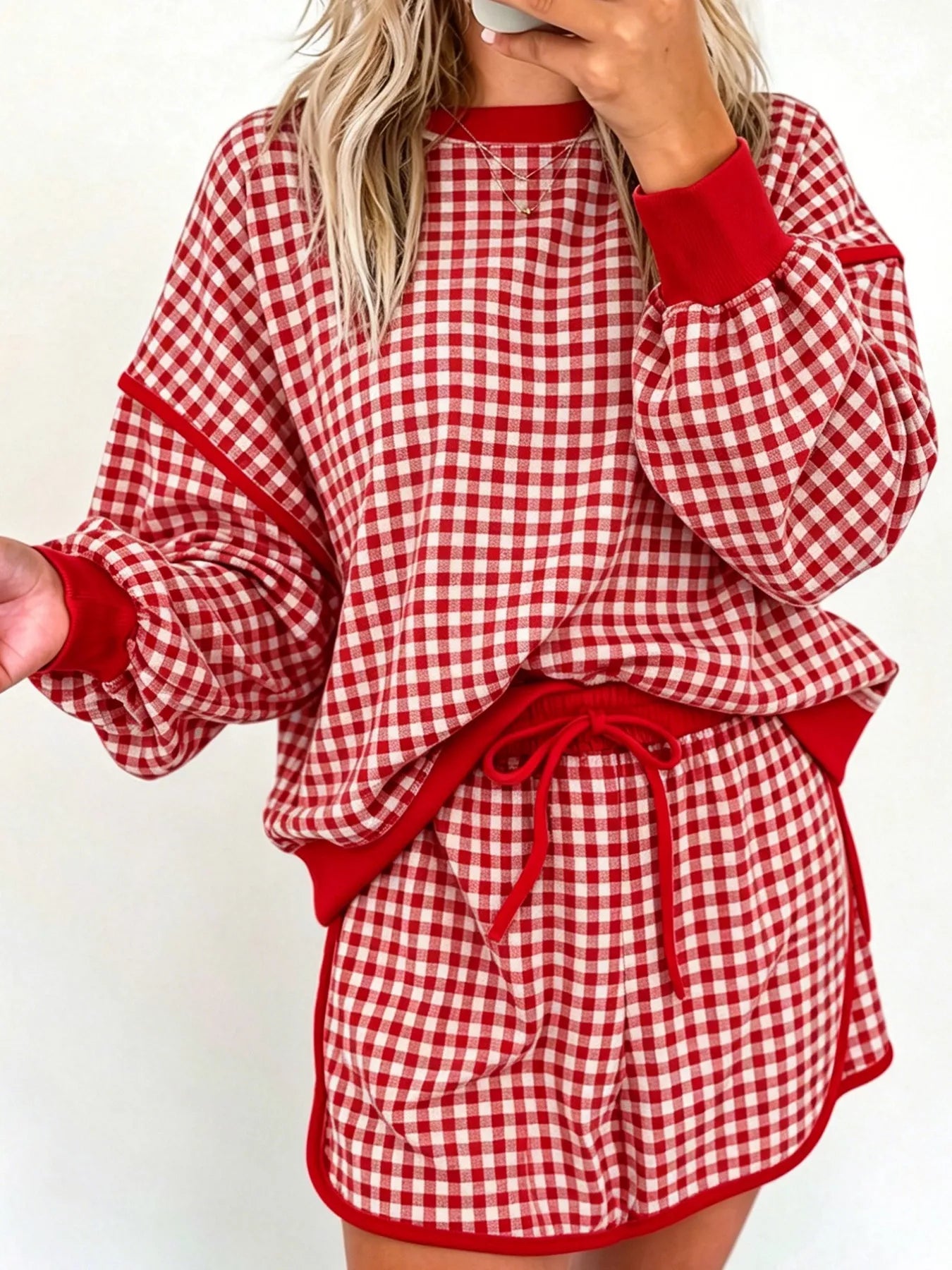 SYNZ Gingham Plaid Long Sleeve Sweatshirt and Shorts Set