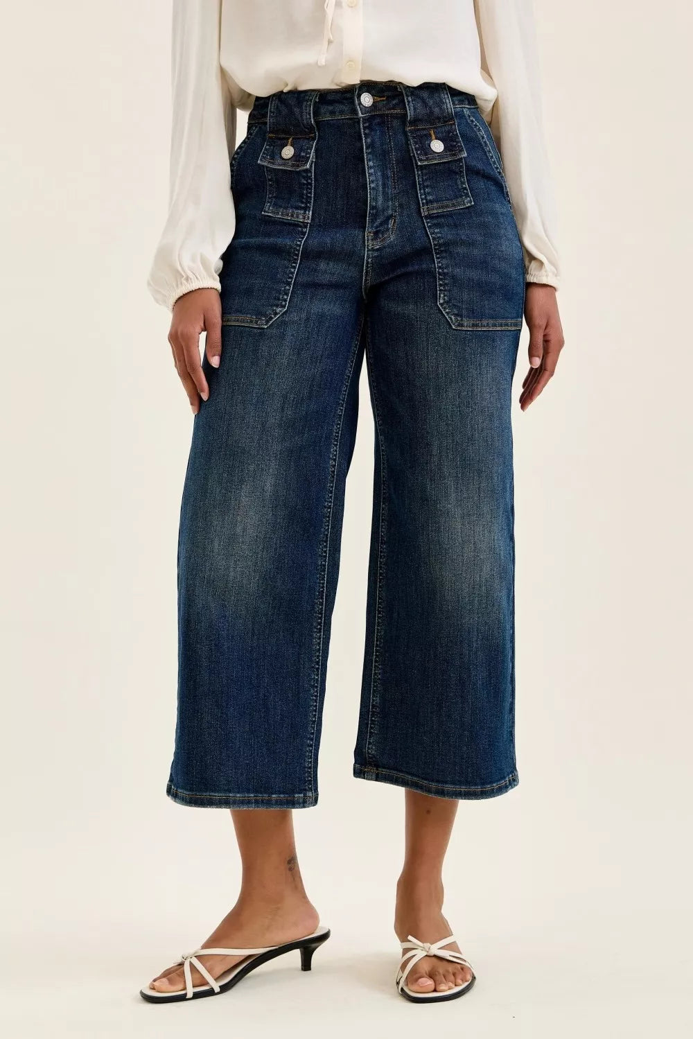Judy Blue High Waist Wide Crop Utility Jeans with Patch Pocket