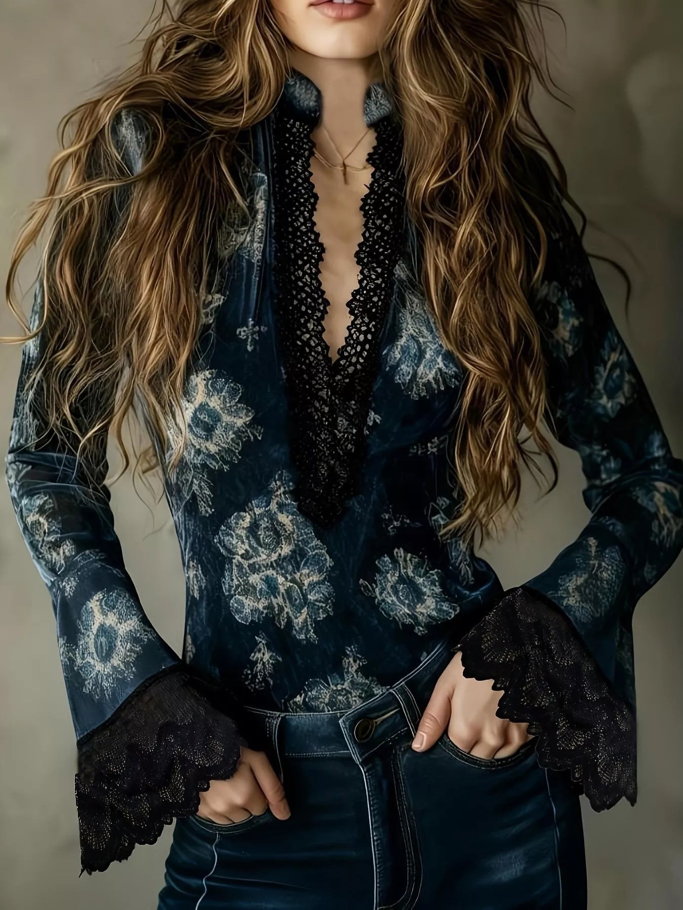 Orvella Lace Trim Flare Sleeves Blouse