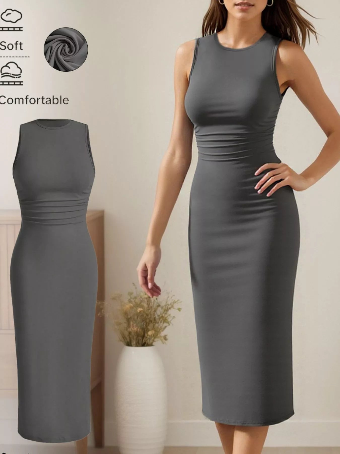 Still Hot Sleeveless Round Neck Midi Dress
