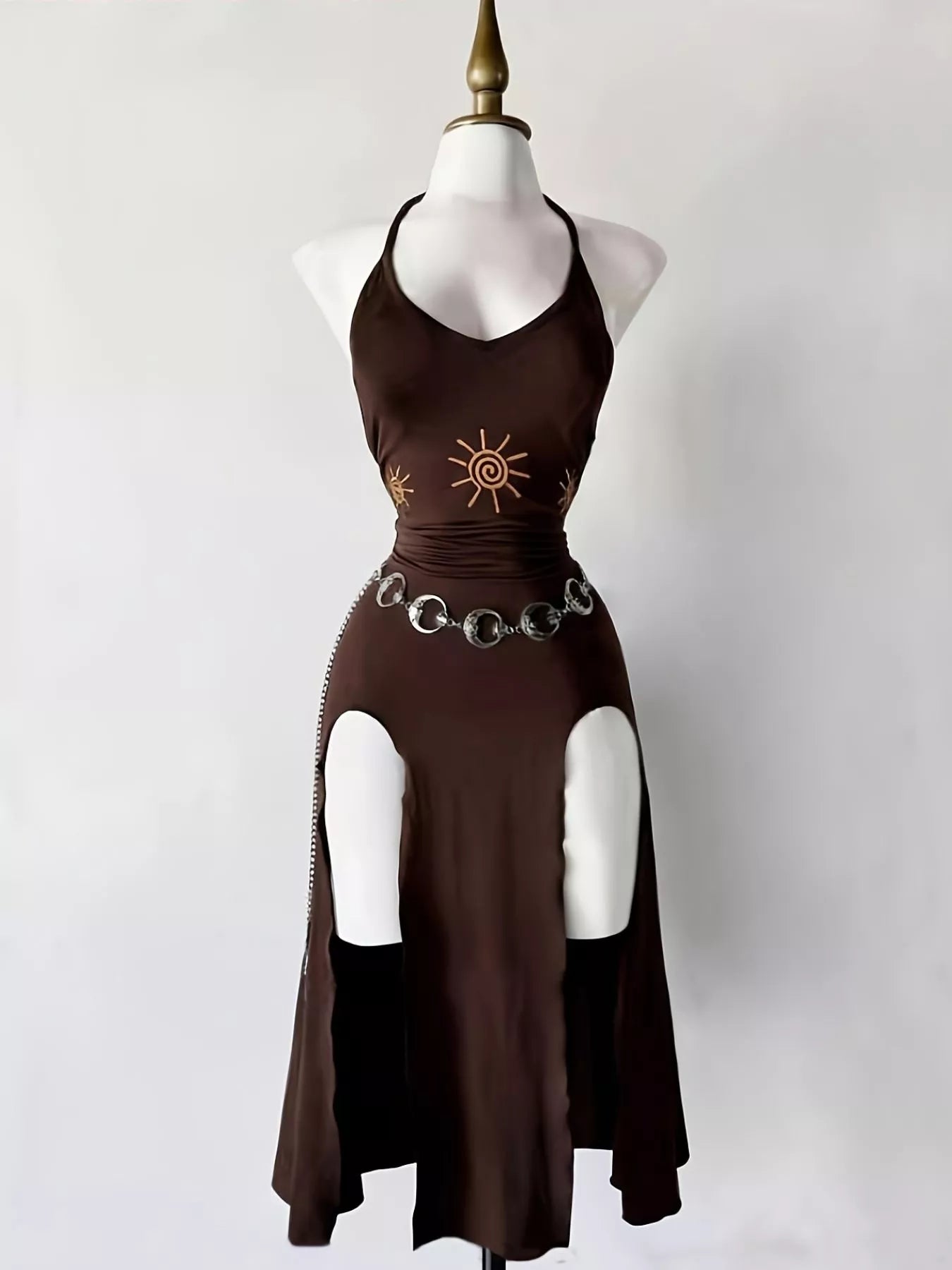 Orvella Slit Halter Neck Sun-Embroidered Dress