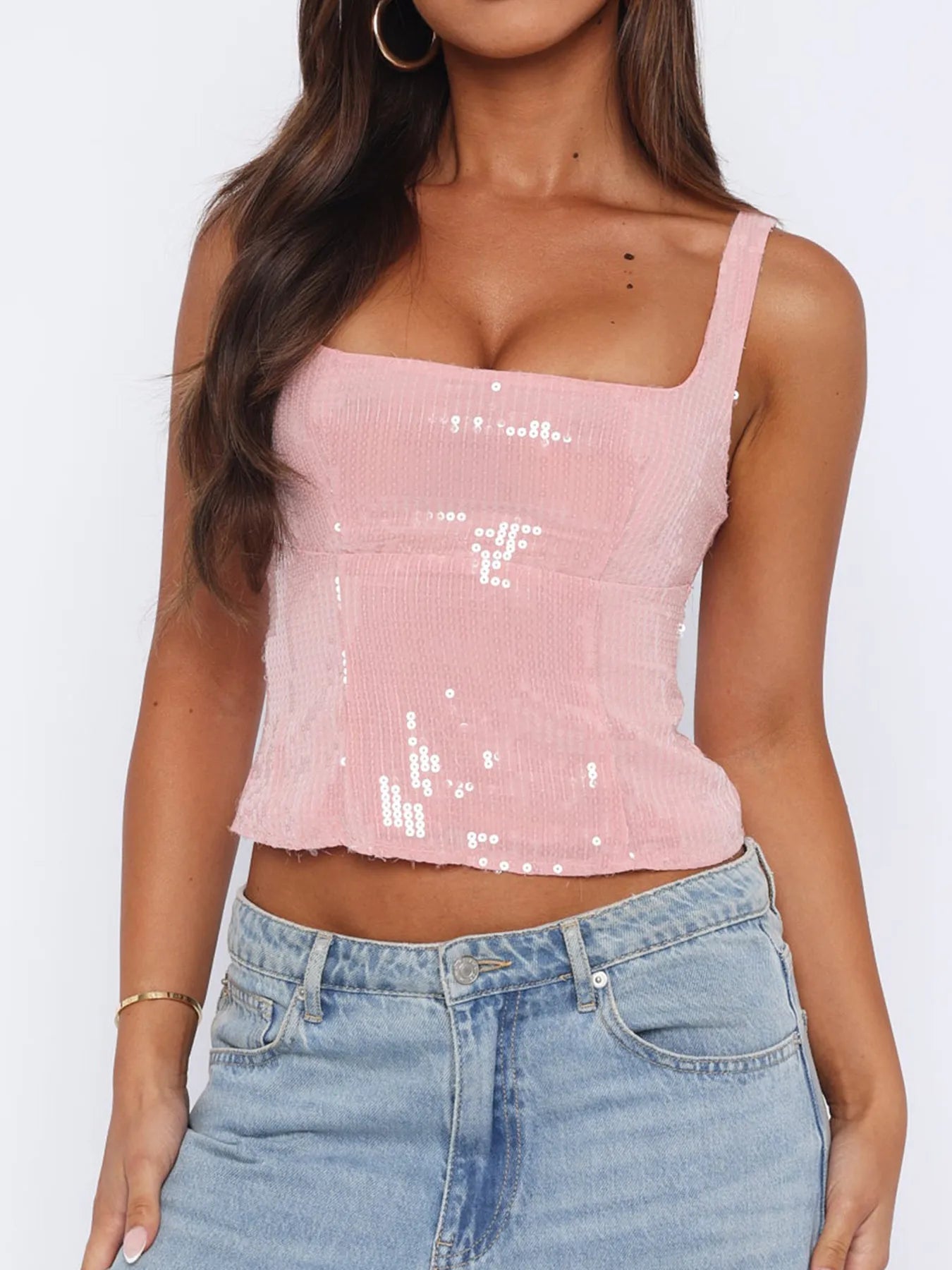 Devine Sequined Cropped Cami Top with Back Zipper