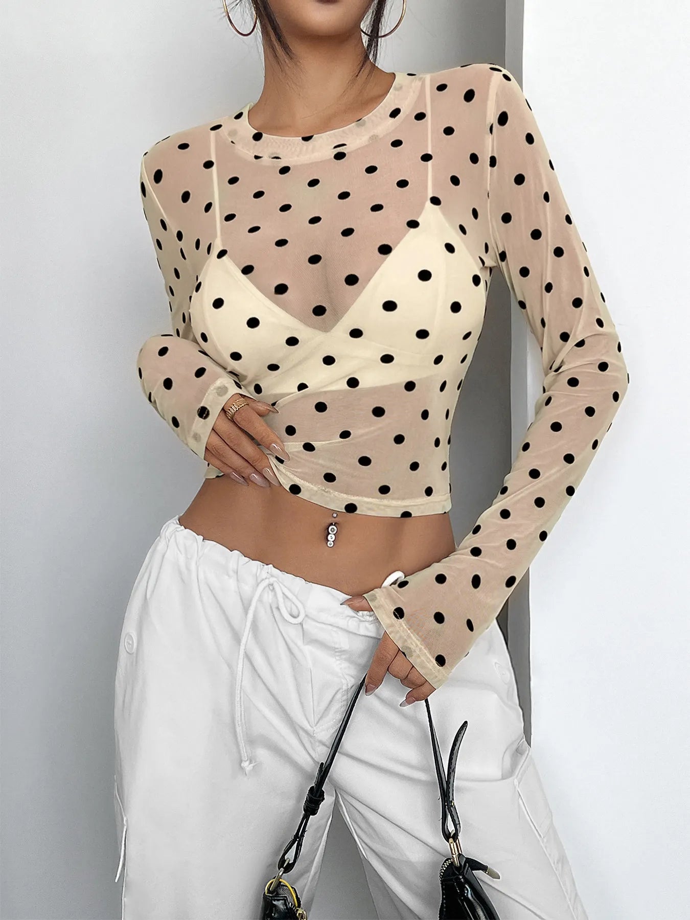 WXFS Polka Dot Mesh Long Sleeve Crop Top