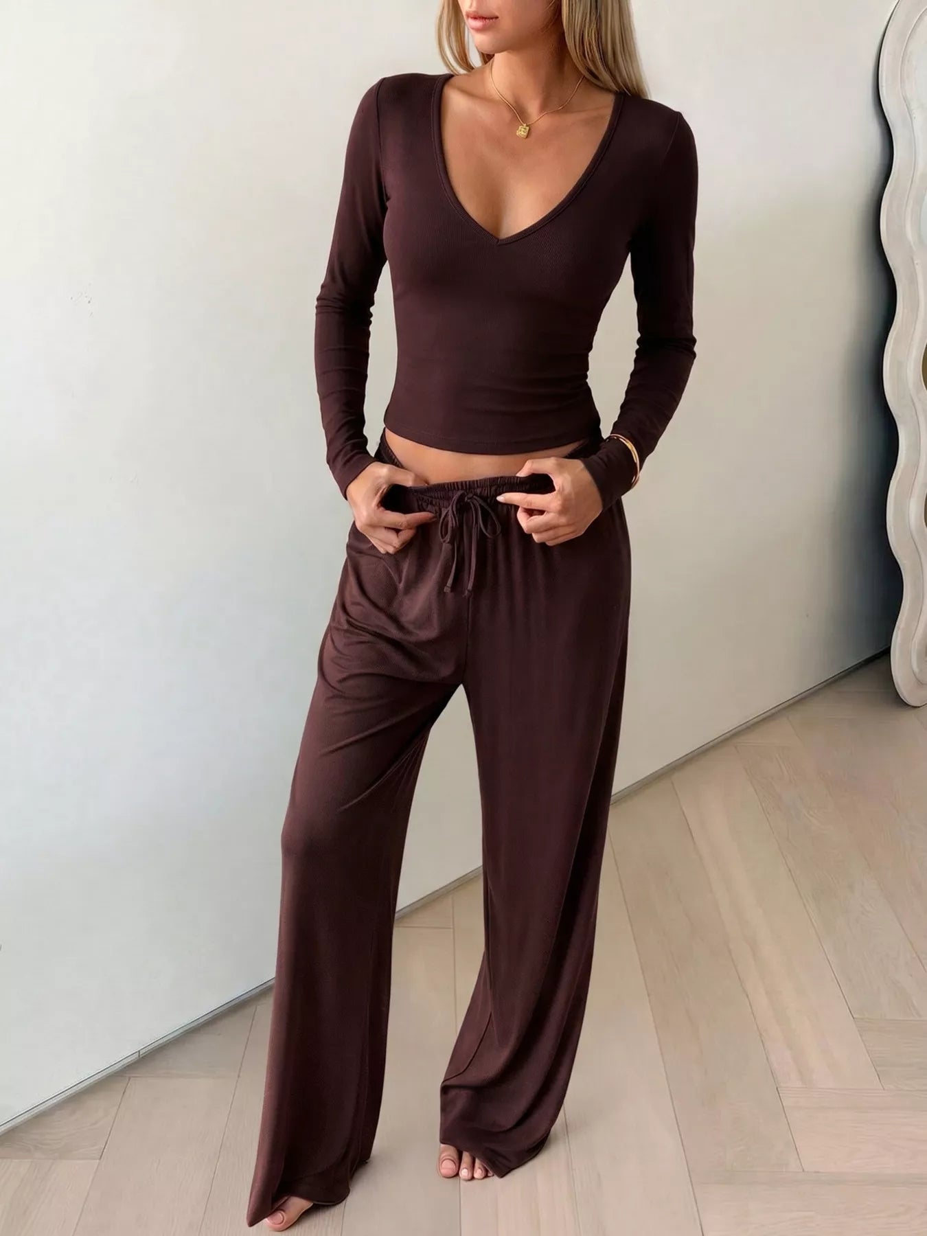 Devine V-Neck Long Sleeve Top and Wide-Leg Pants Set