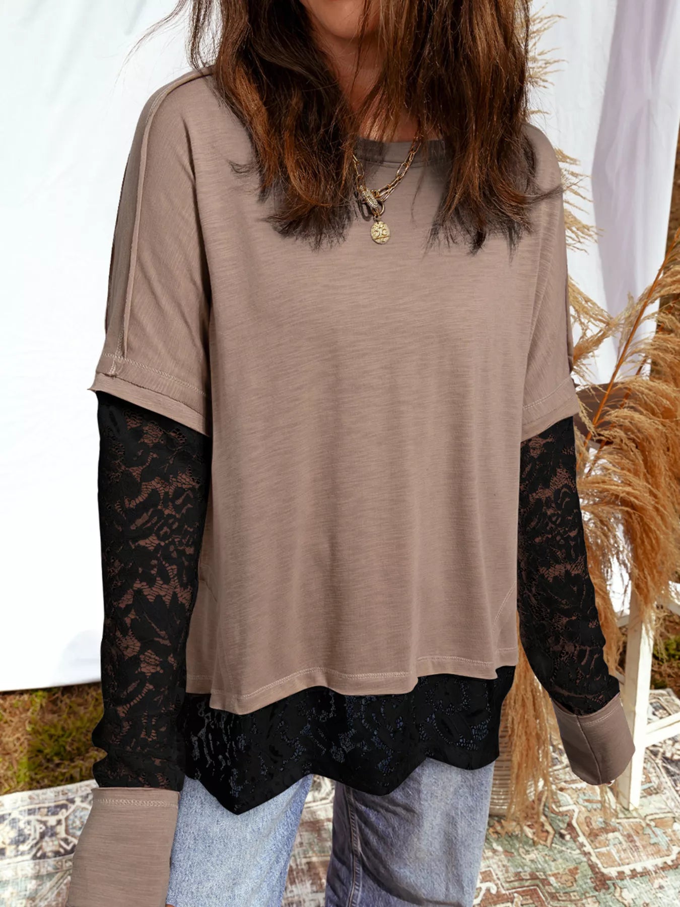 SYNZ Sheer Lace Patchwork Casual Long Sleeve Tee