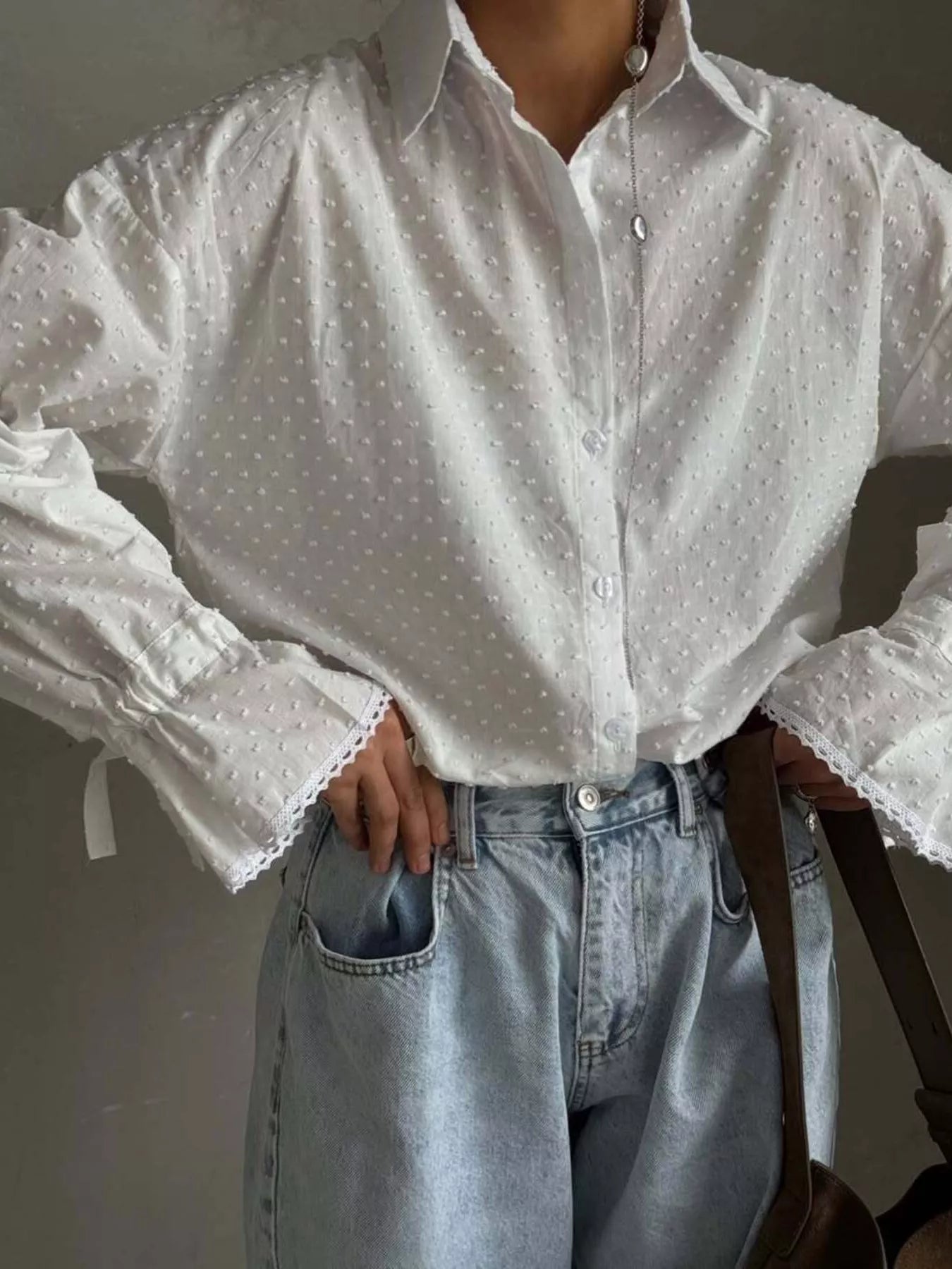SportyCharm Swiss Dot Flounce Sleeve Shirt