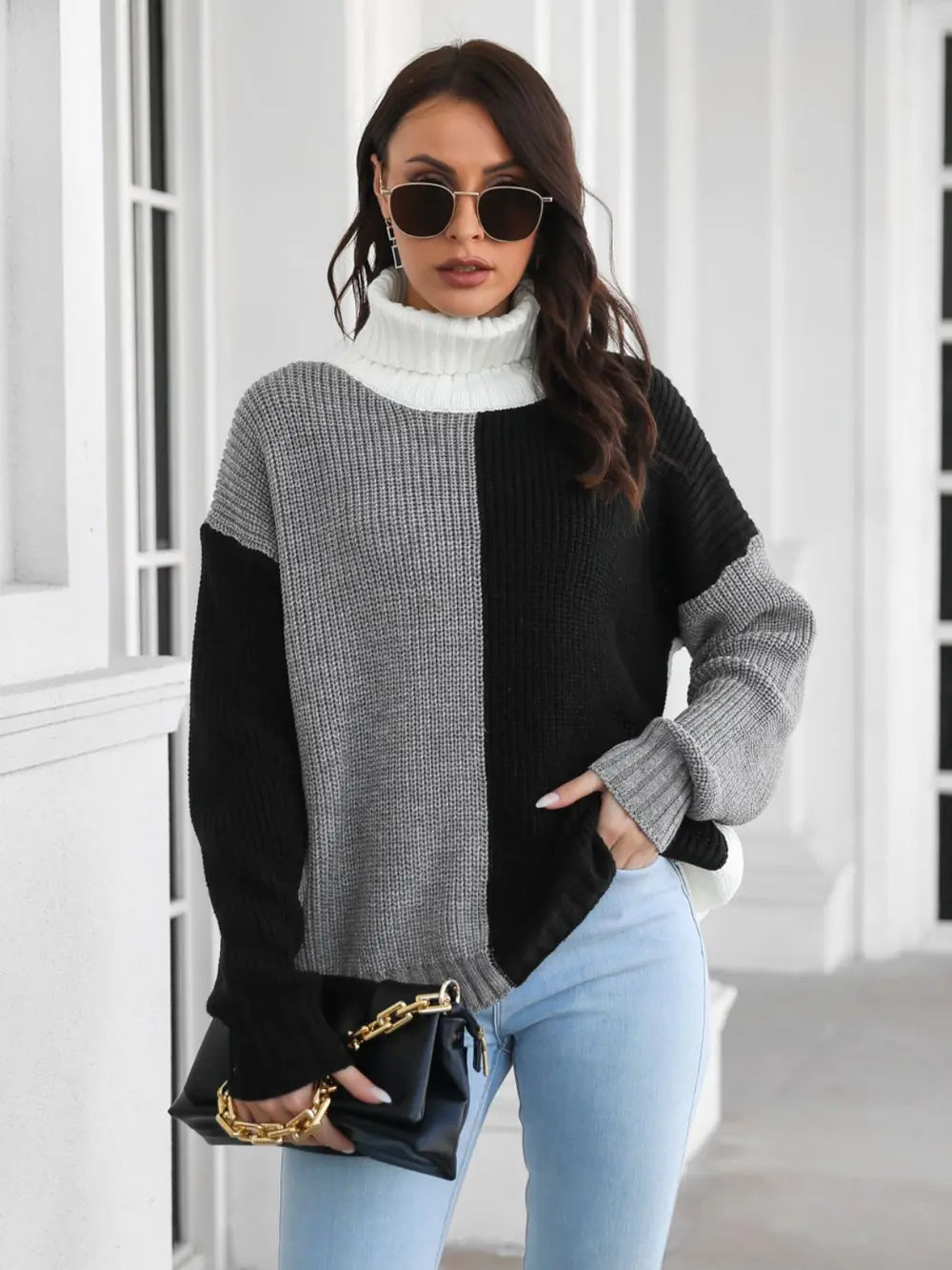 B&S Contrast Turtleneck Long Sleeve Sweater