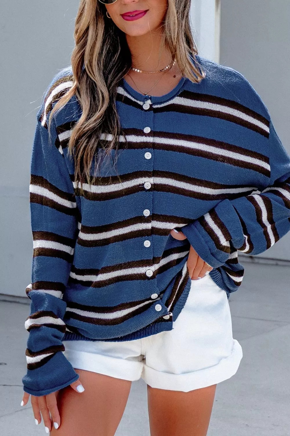 SYNZ Stripe Striped Drop Shoulder Button Cardigan