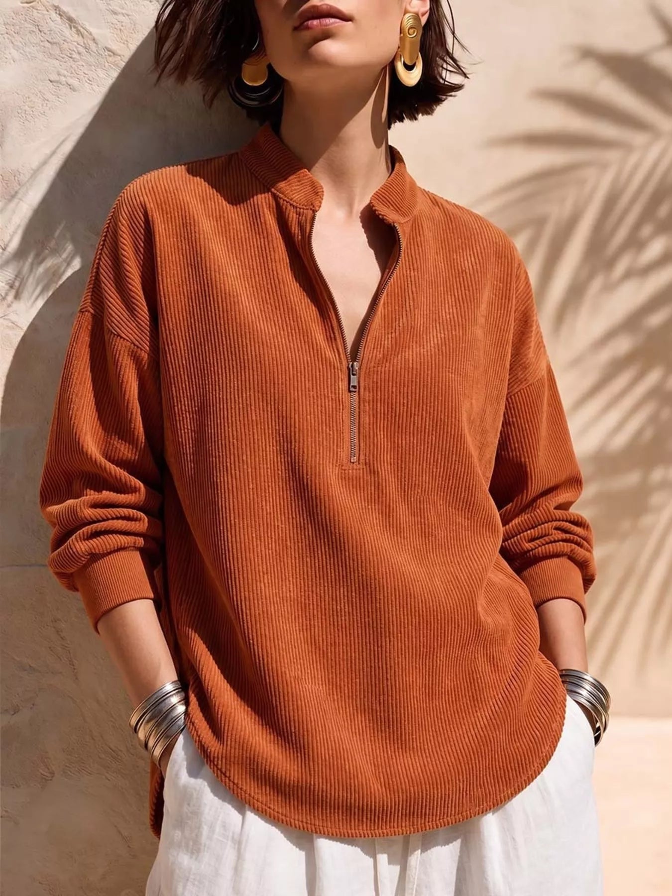 Irina Full Size Ribbed Half-Zip Corduroy Sweatshirt Plus Size