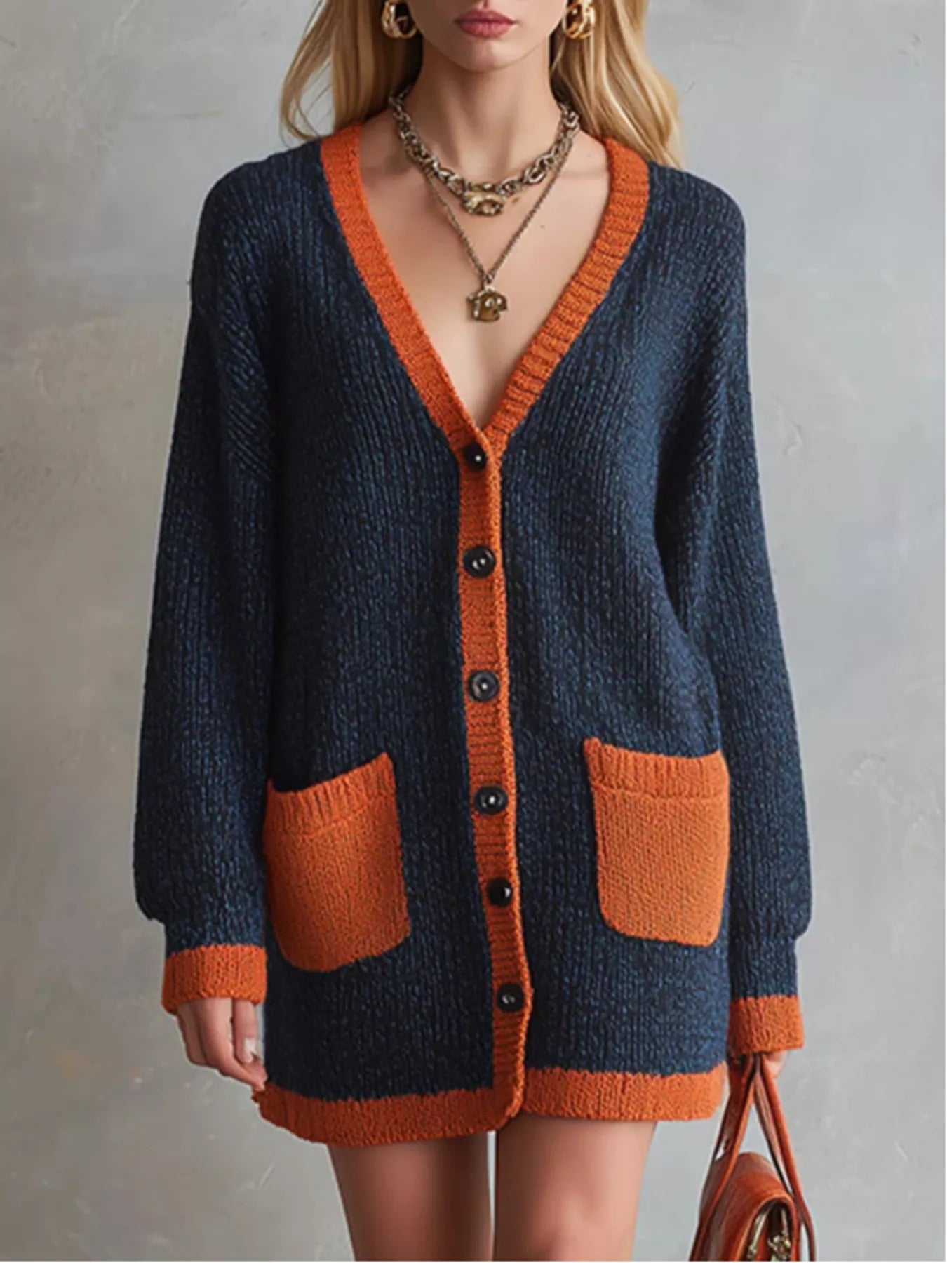 Moya Color-Block V-Neck Button-Down Knit Cardigan