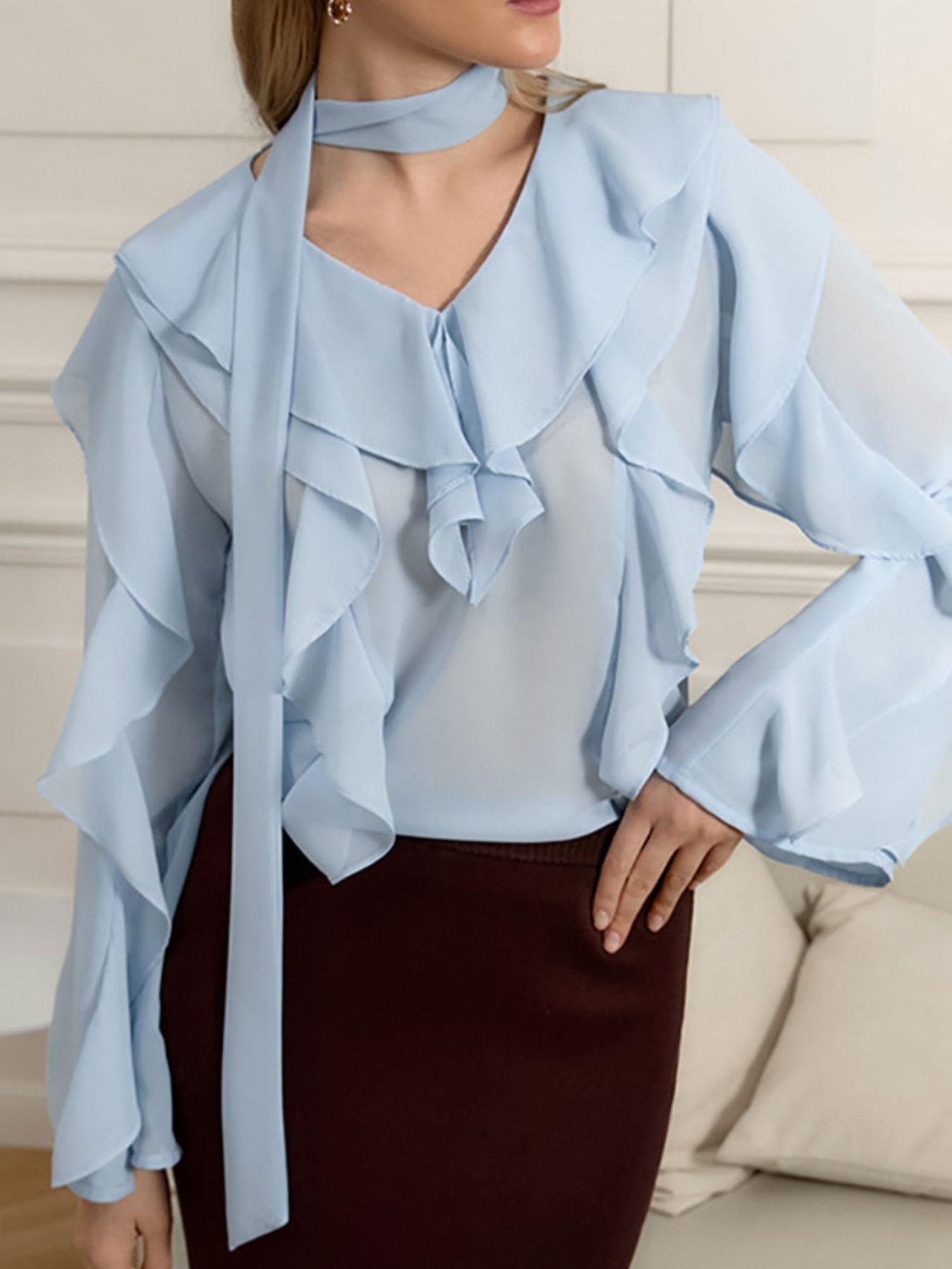 Chic Charm Ruffle Trim Chiffon Blouse