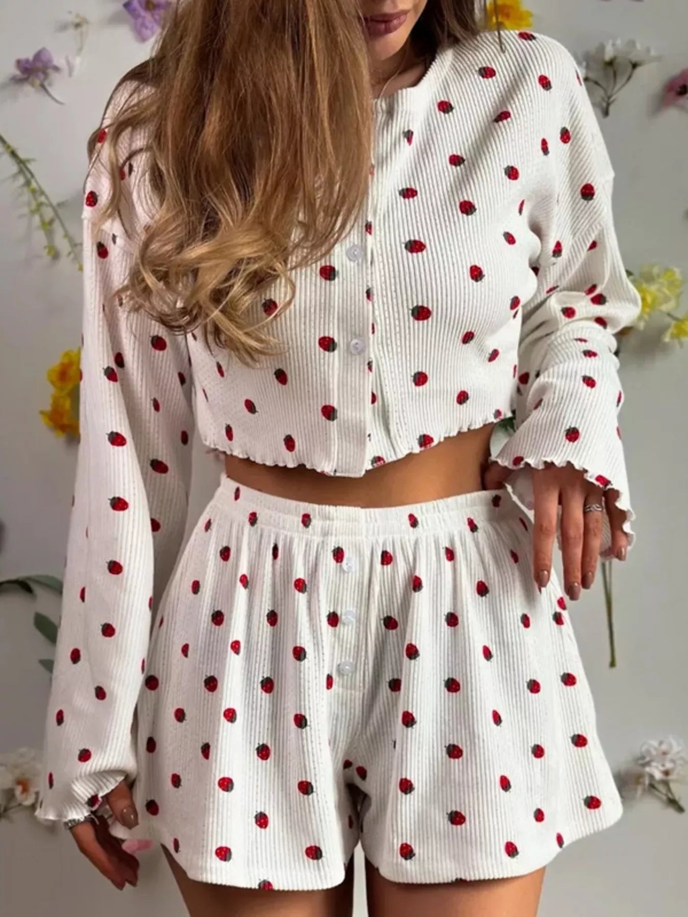 Smooth Network Strawberry Print Button-Down Top and Shorts Lounge Set