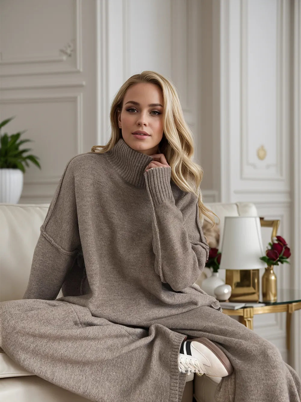 NBSP Slit Turtleneck Long Sleeve Top and Pants Sweater Set