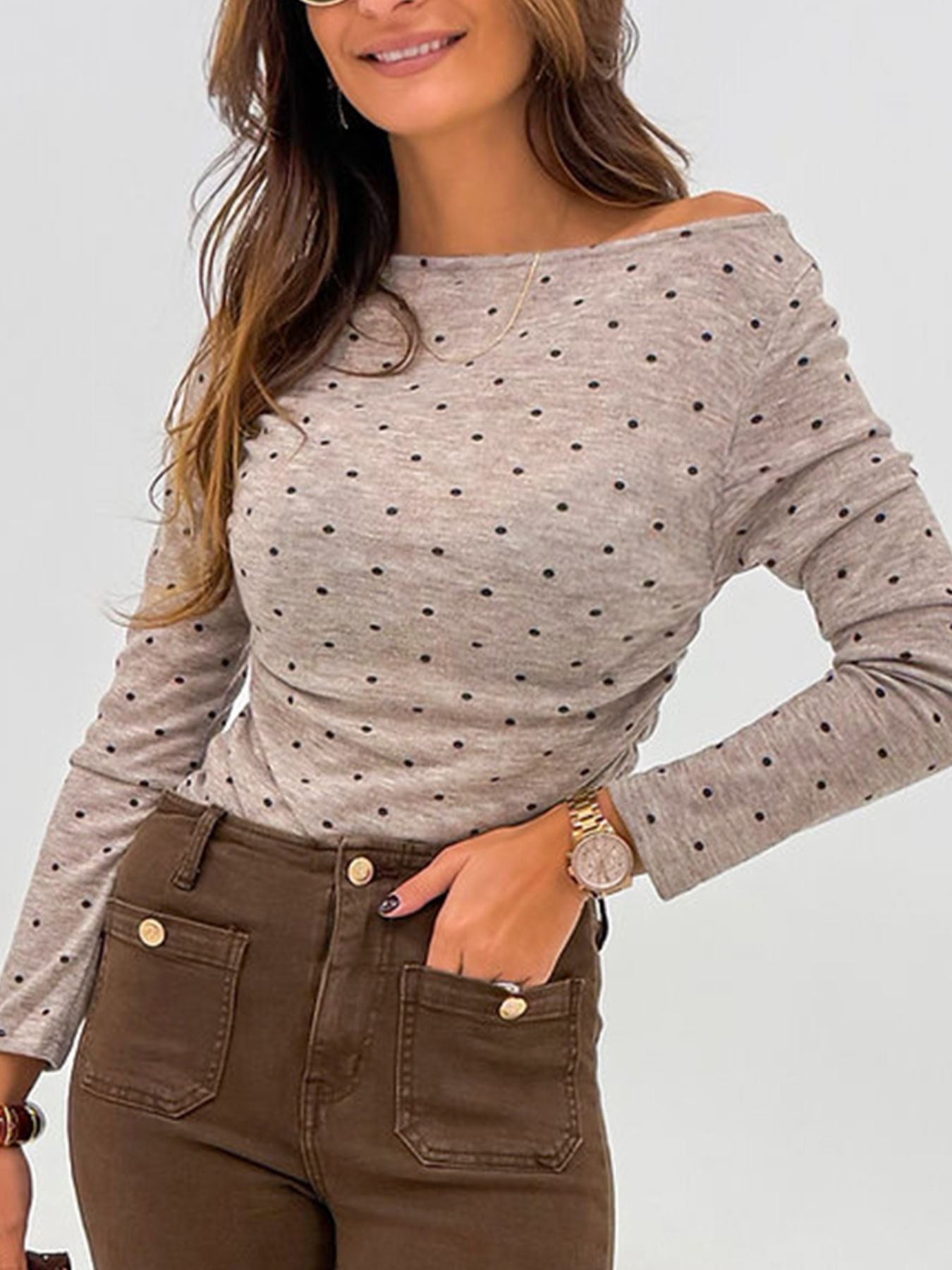 SYNZ Polka Dot Boat Neck Knit Long Sleeve T Shirt