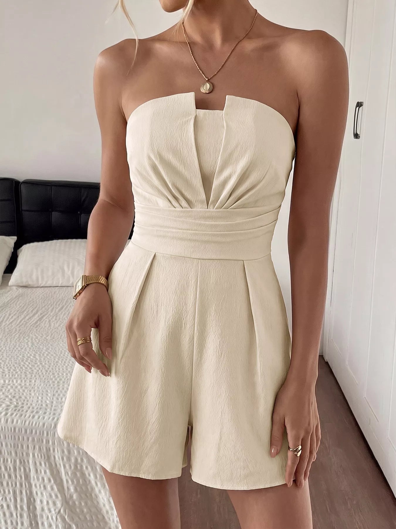Perfee Strapless Pleated Detail Romper