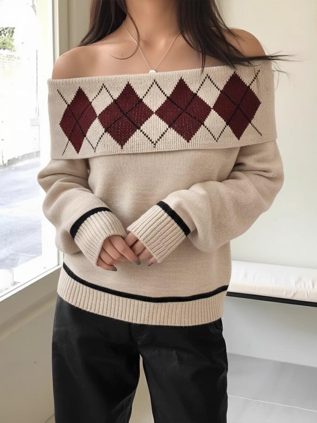 Perfee Off-Shoulder Argyle Pattern Sweater