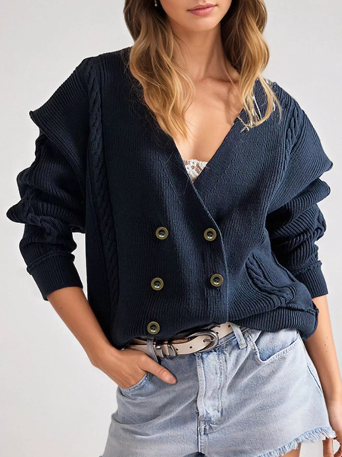 Kira Double-Breasted Cable Knit Cardigan