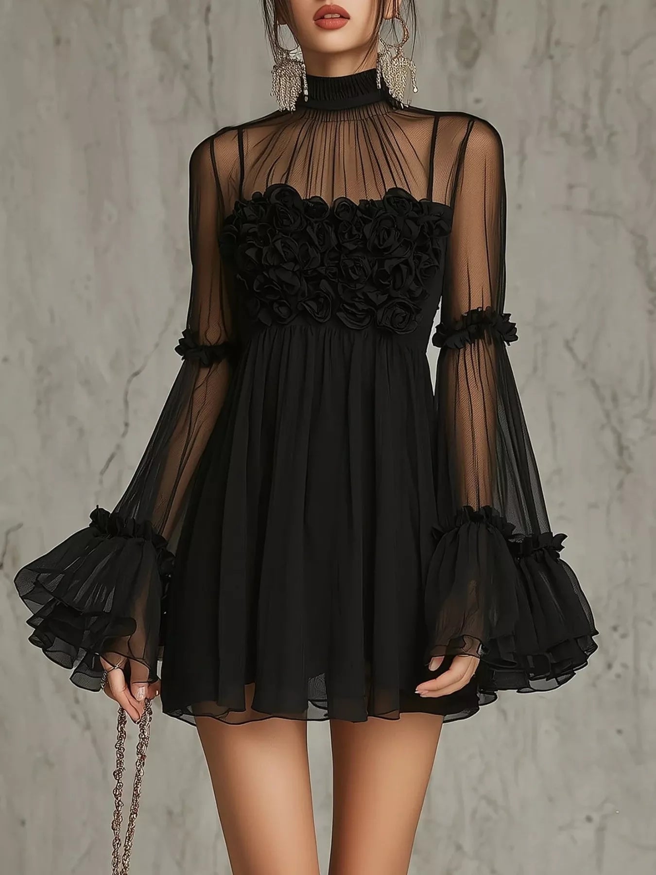 Yvette Sheer Mesh Flare Sleeve Mini Dress