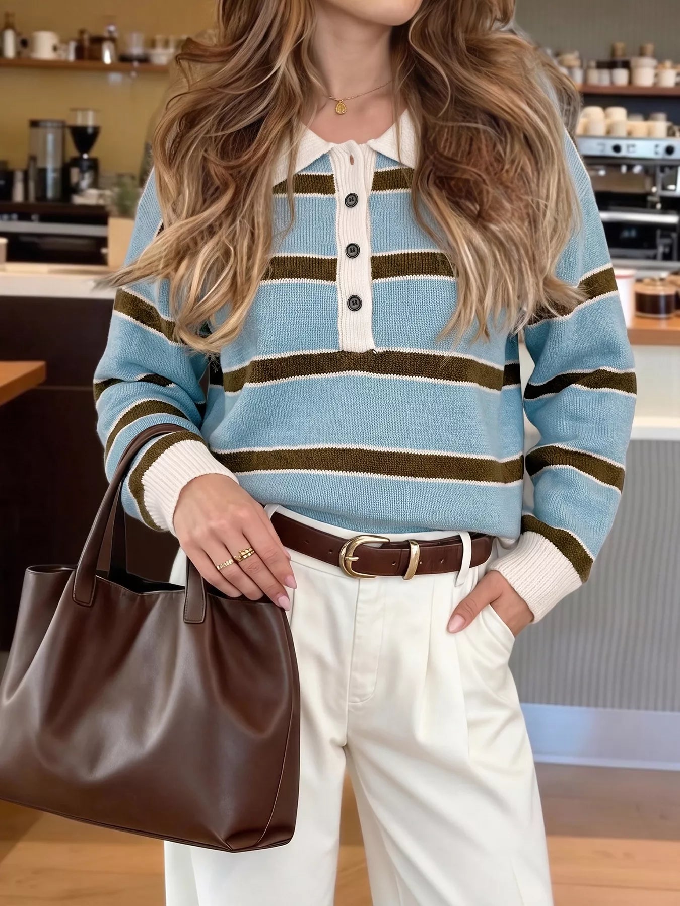 Perfee Striped Polo Collar Sweater