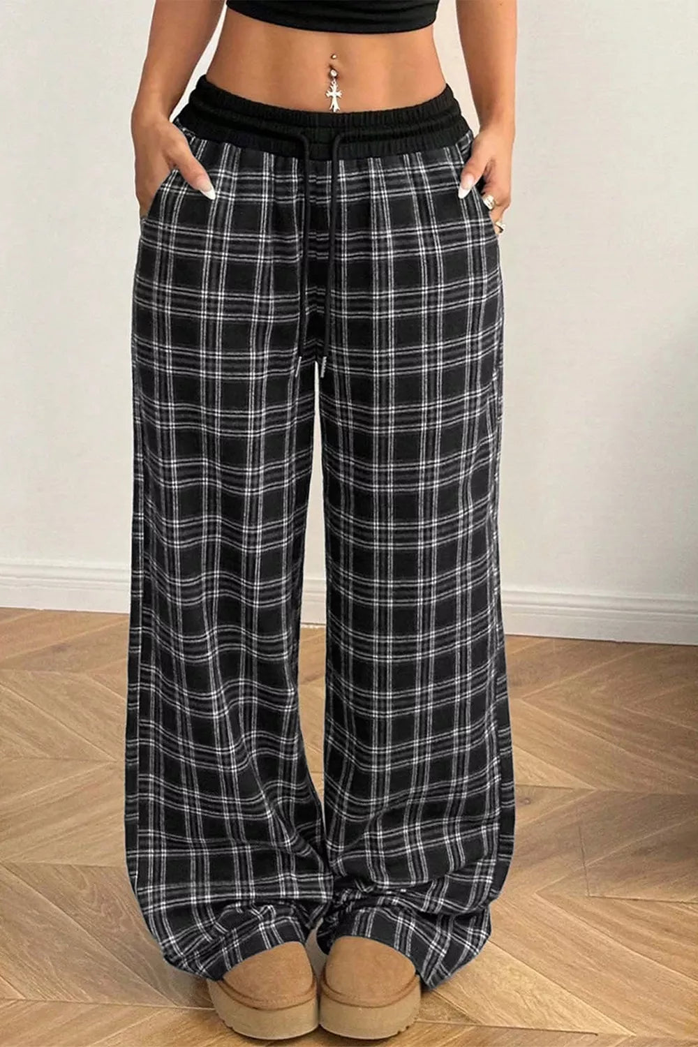 SYNZ Plaid Wide-Leg Drawstring Pants