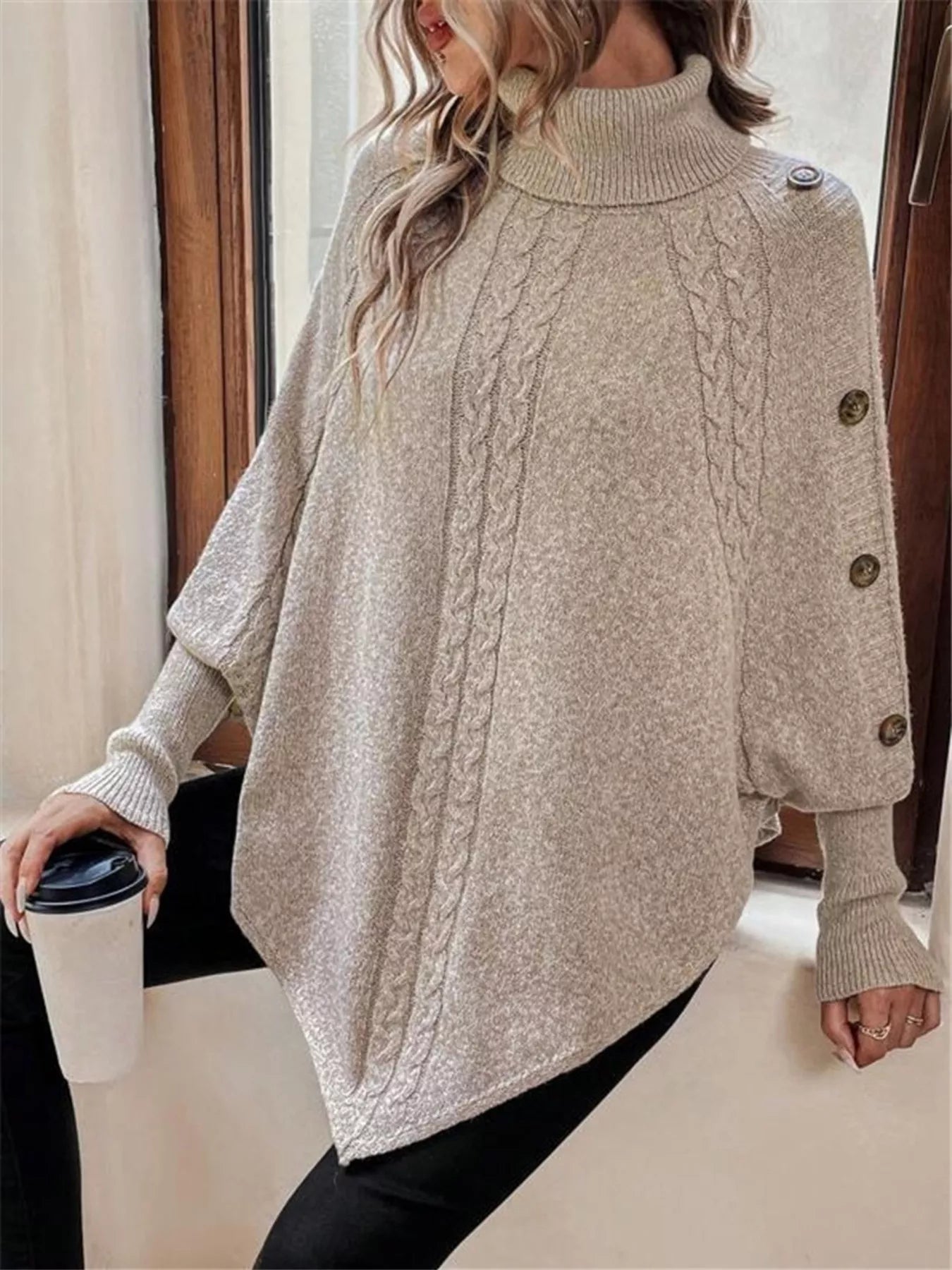 Lore Cable Knit Turtleneck Cape Sweater