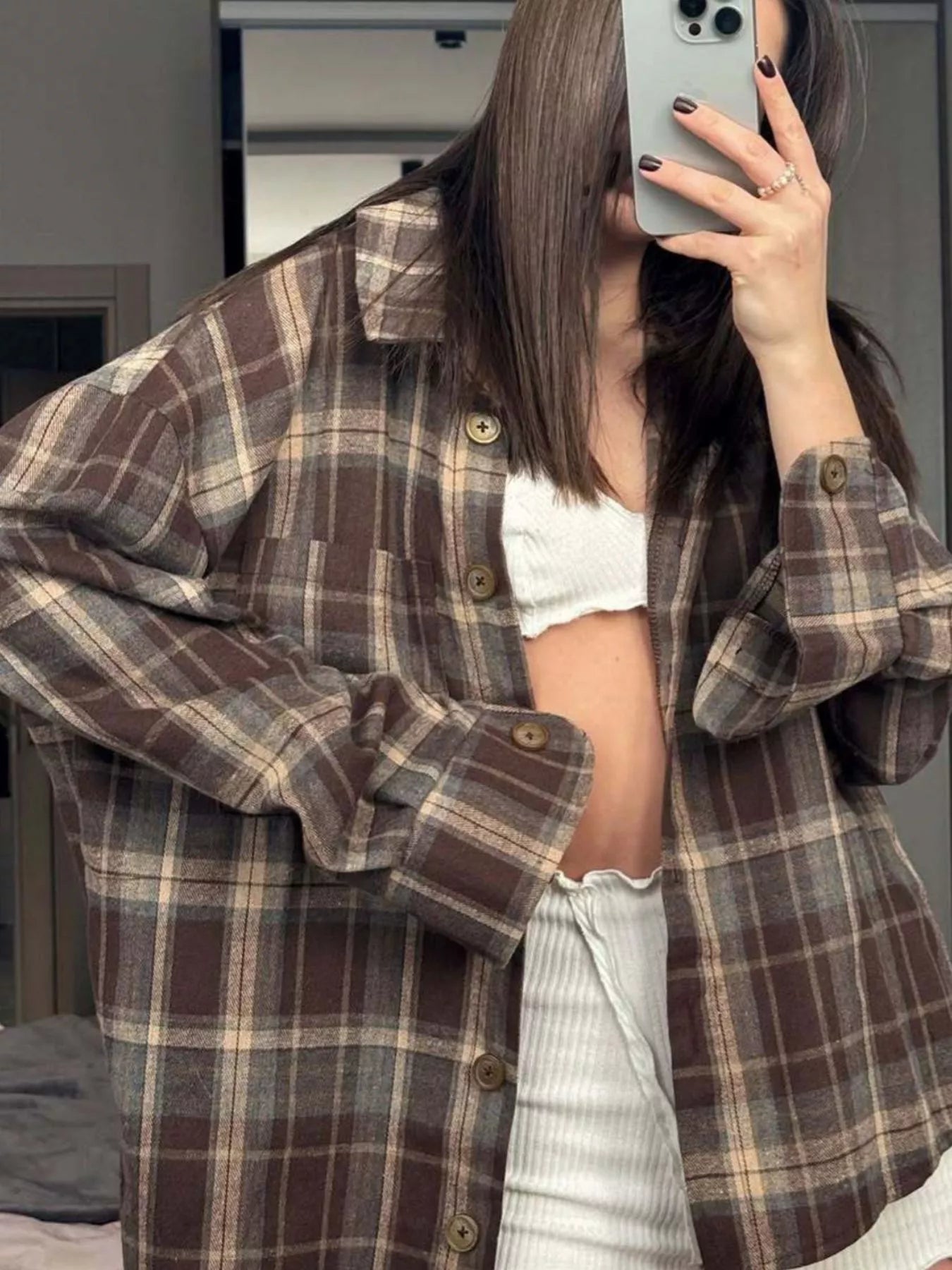 Velvet Whisper Button Down Oversized Plaid Shirt
