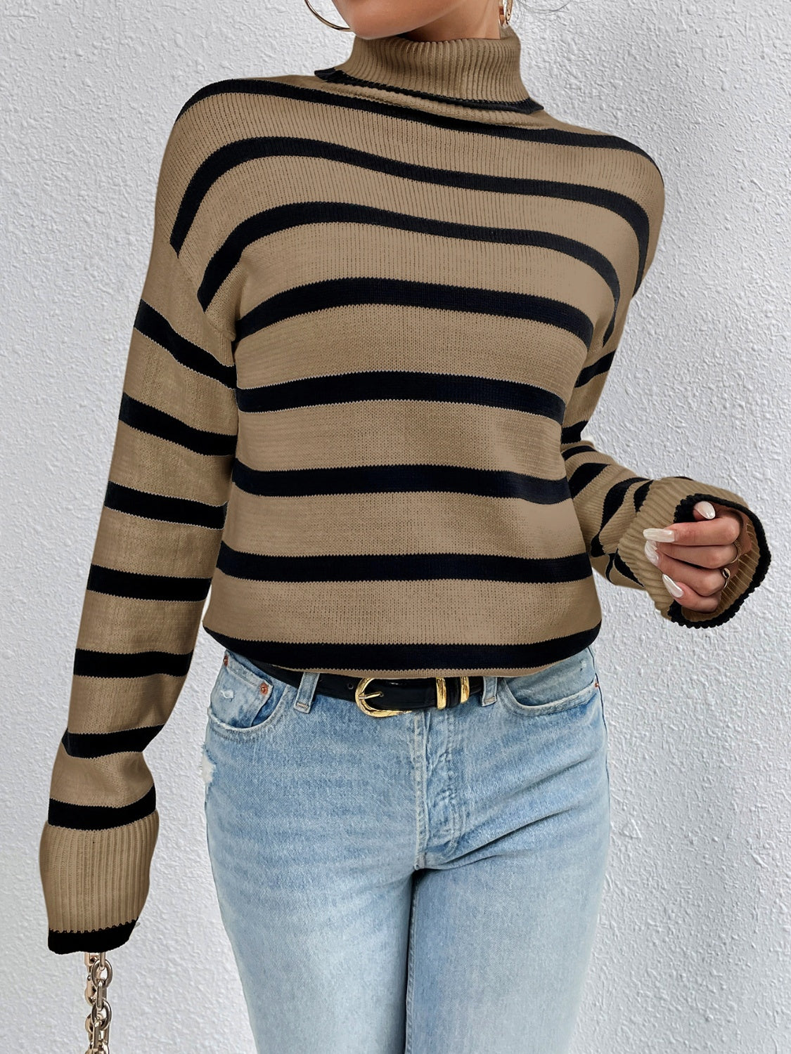 Yh Striped Turtleneck Drop Shoulder Sweater