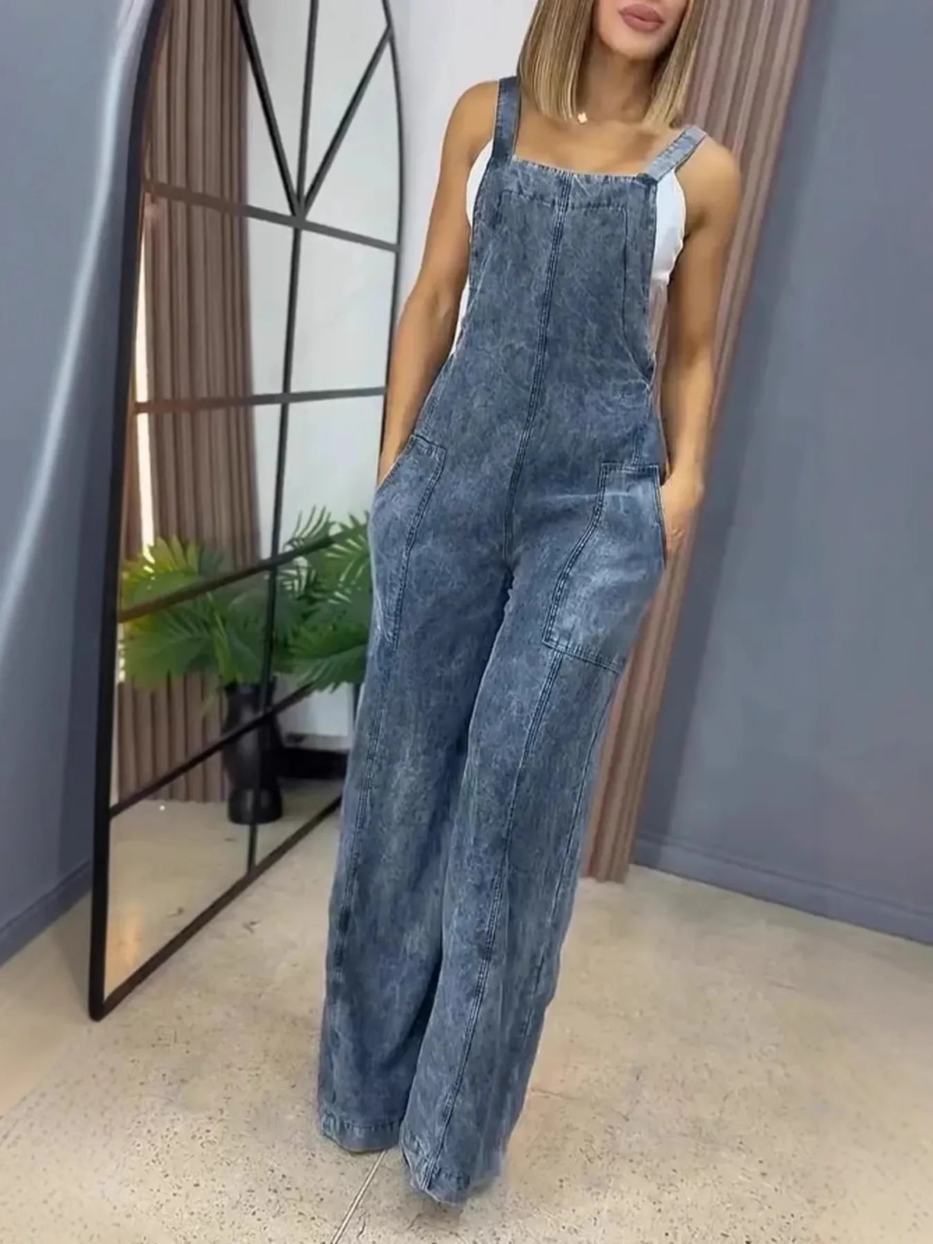 Shatter Full Size Wide Leg Washed Denim Overalls Plus Size