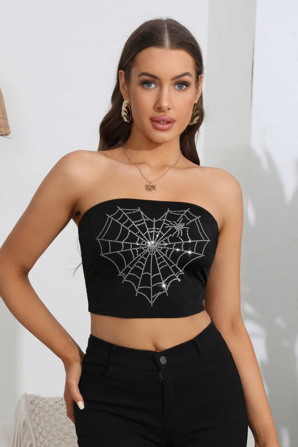 CATHSNNA Heart Spider Web Graphic Tube Top