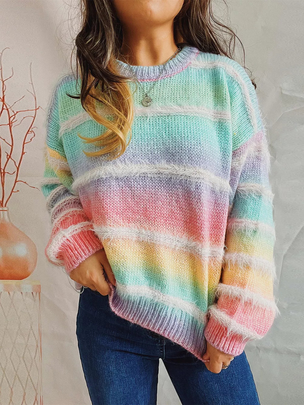 S.X Striped Round Neck Long Sleeve Sweater