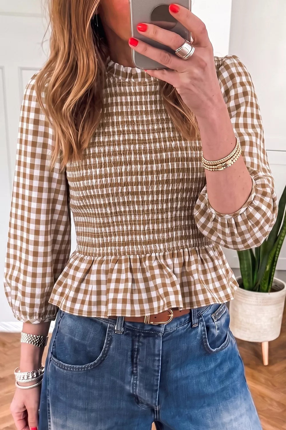SYNZ Gingham Smocked Ruffled Hem Blouse
