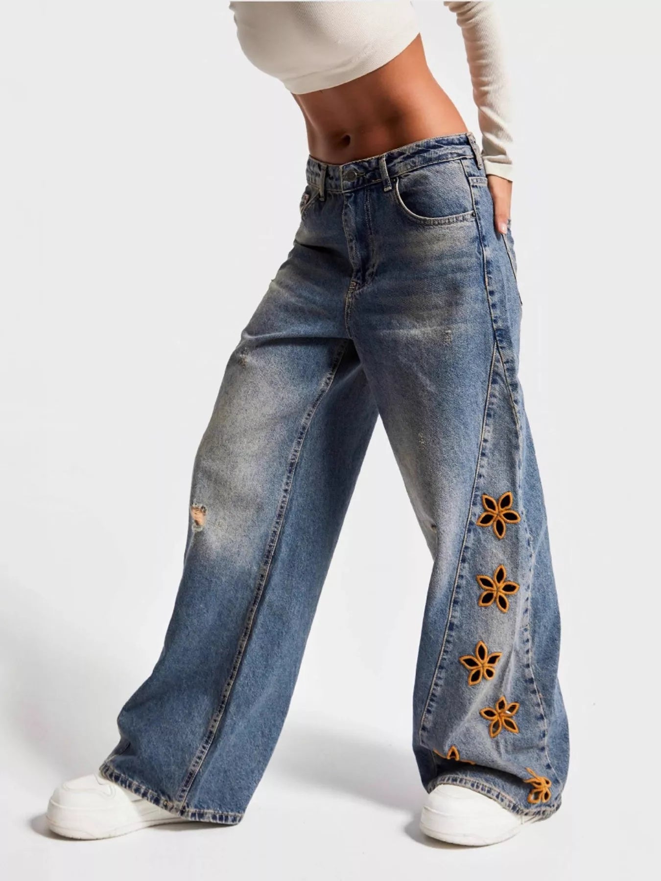 Dreamy Drapes Floral Embroidered Wide Leg Jeans