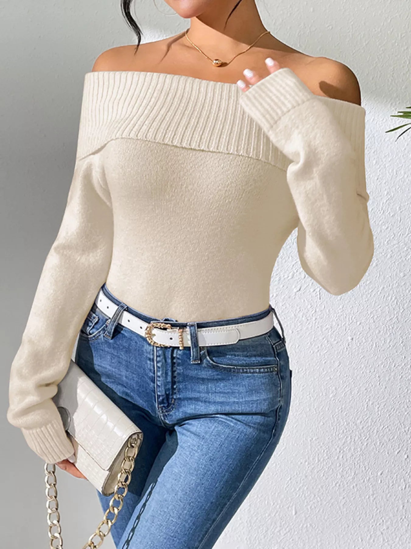 Silver Harmony Ribbed Knit Off Shoulder Sweater