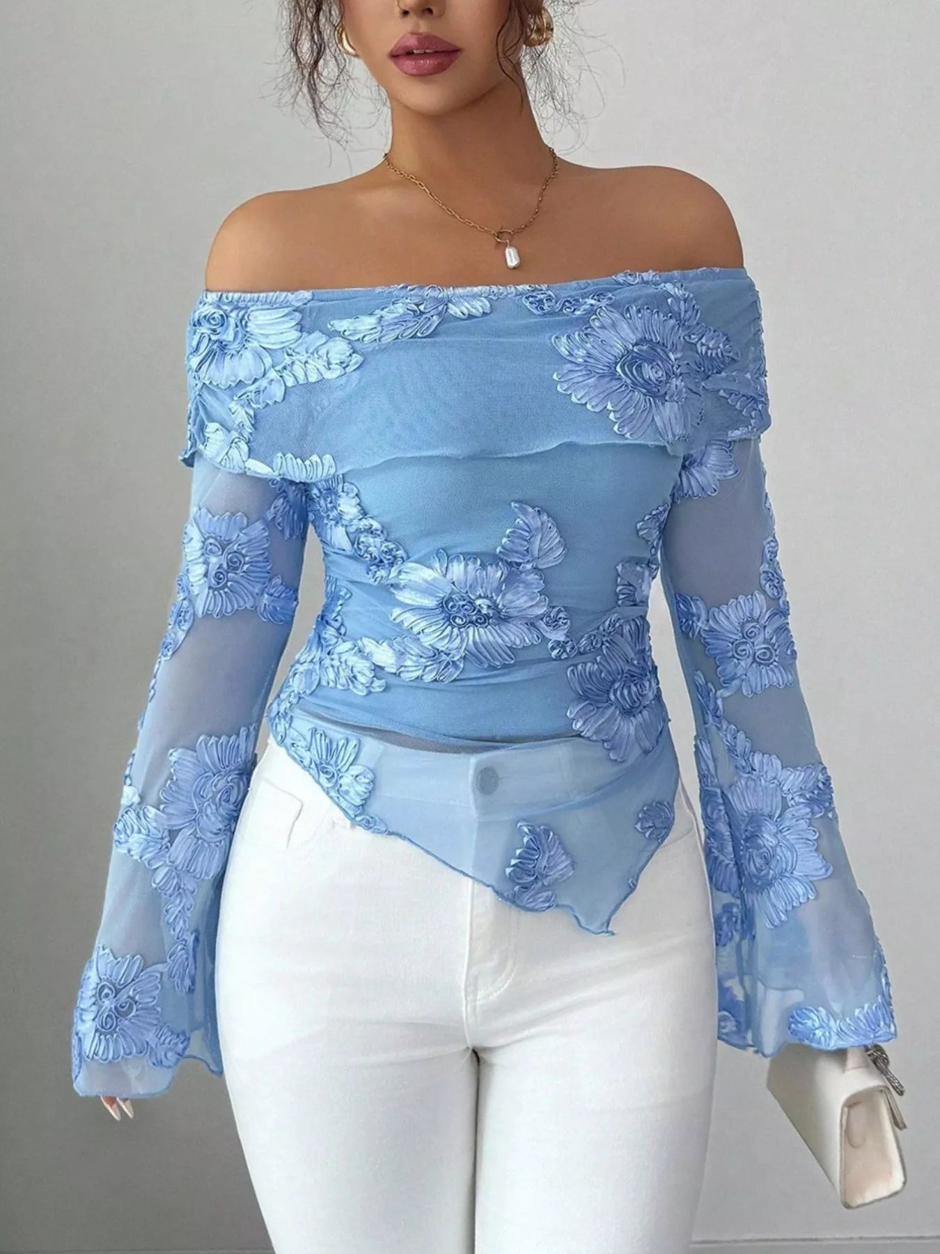 WXFS Floral Off-Shoulder Mesh Blouse