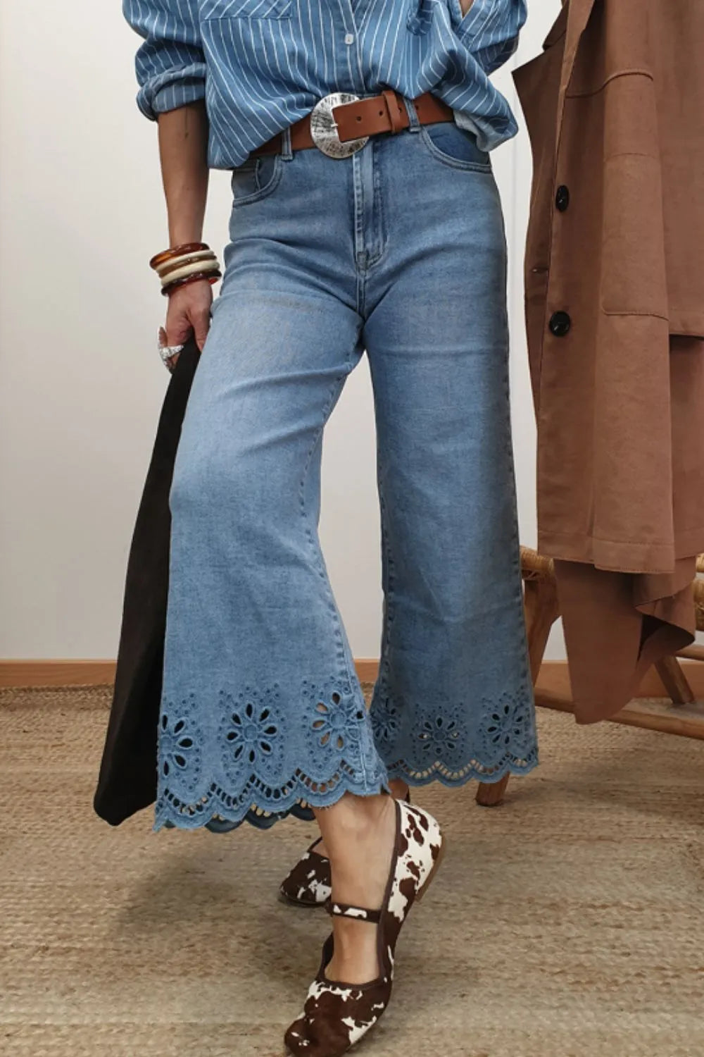 SYNZ Lace Detail Cropped Wide Leg Jeans