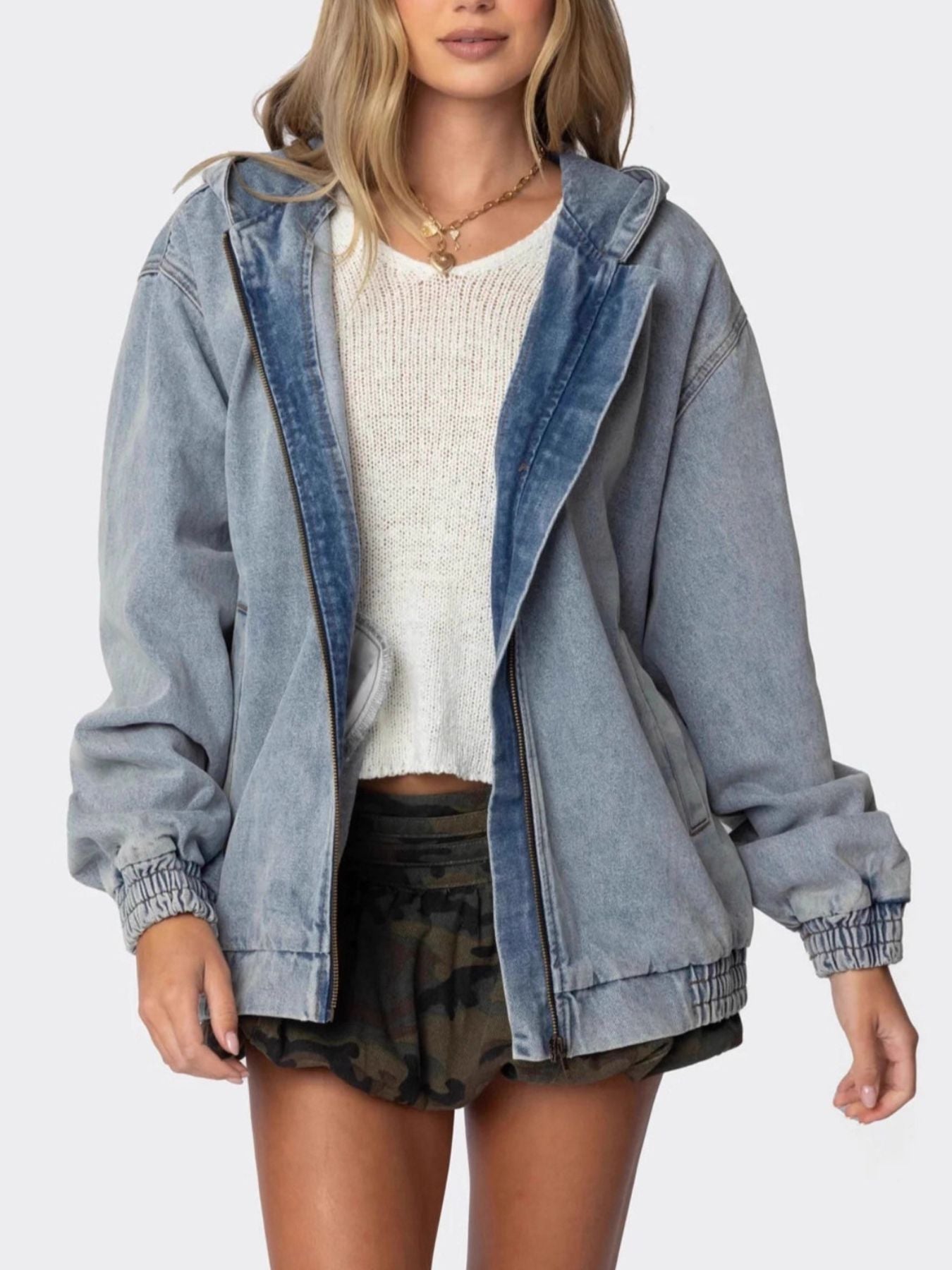 Dreamy Drapes Hooded Oversized Zip Up Denim Jacket