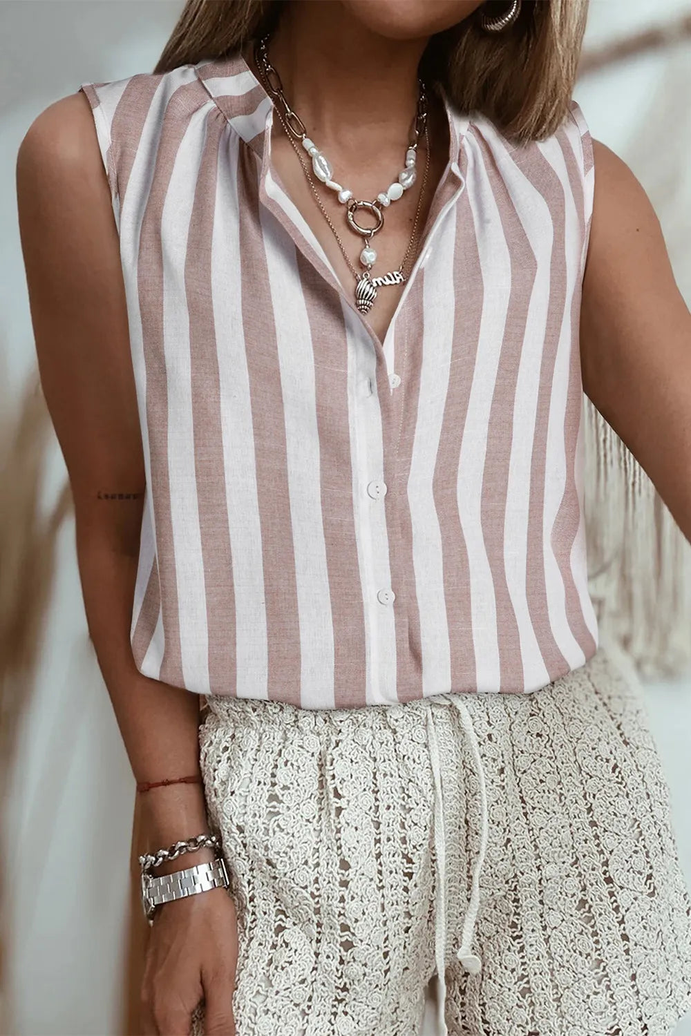 SYNZ Stripe Button Down Sleeveless Shirt
