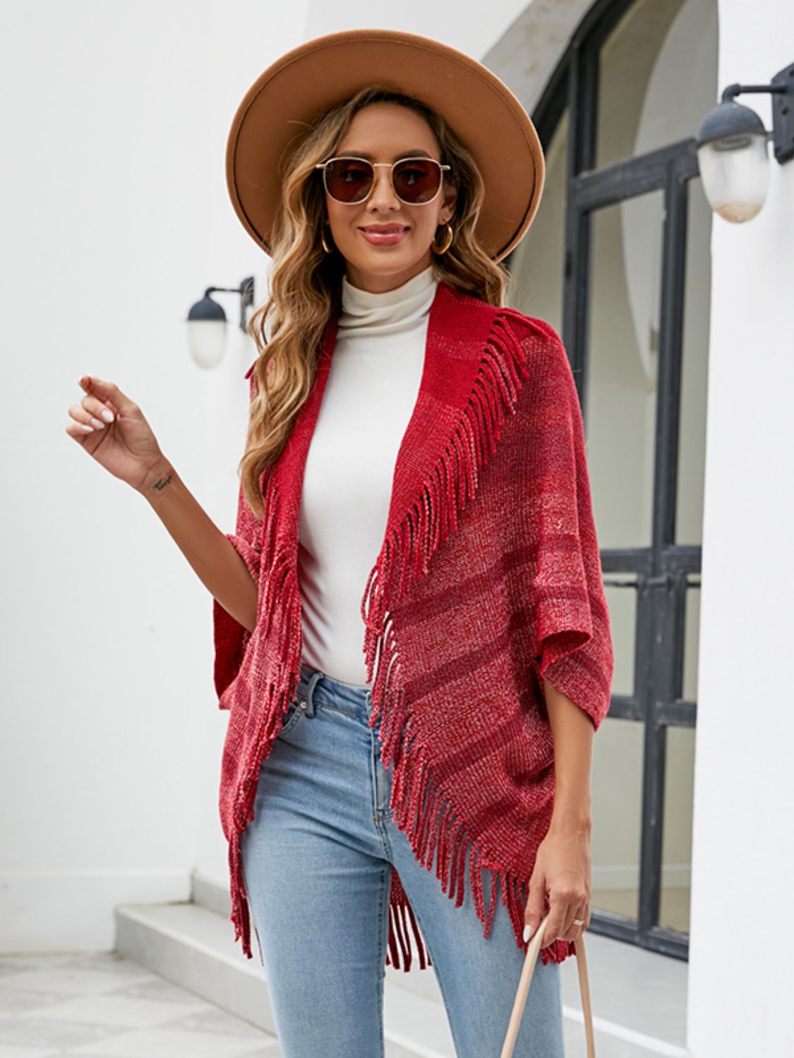 Drizzle Fringe Detail Open Front Poncho