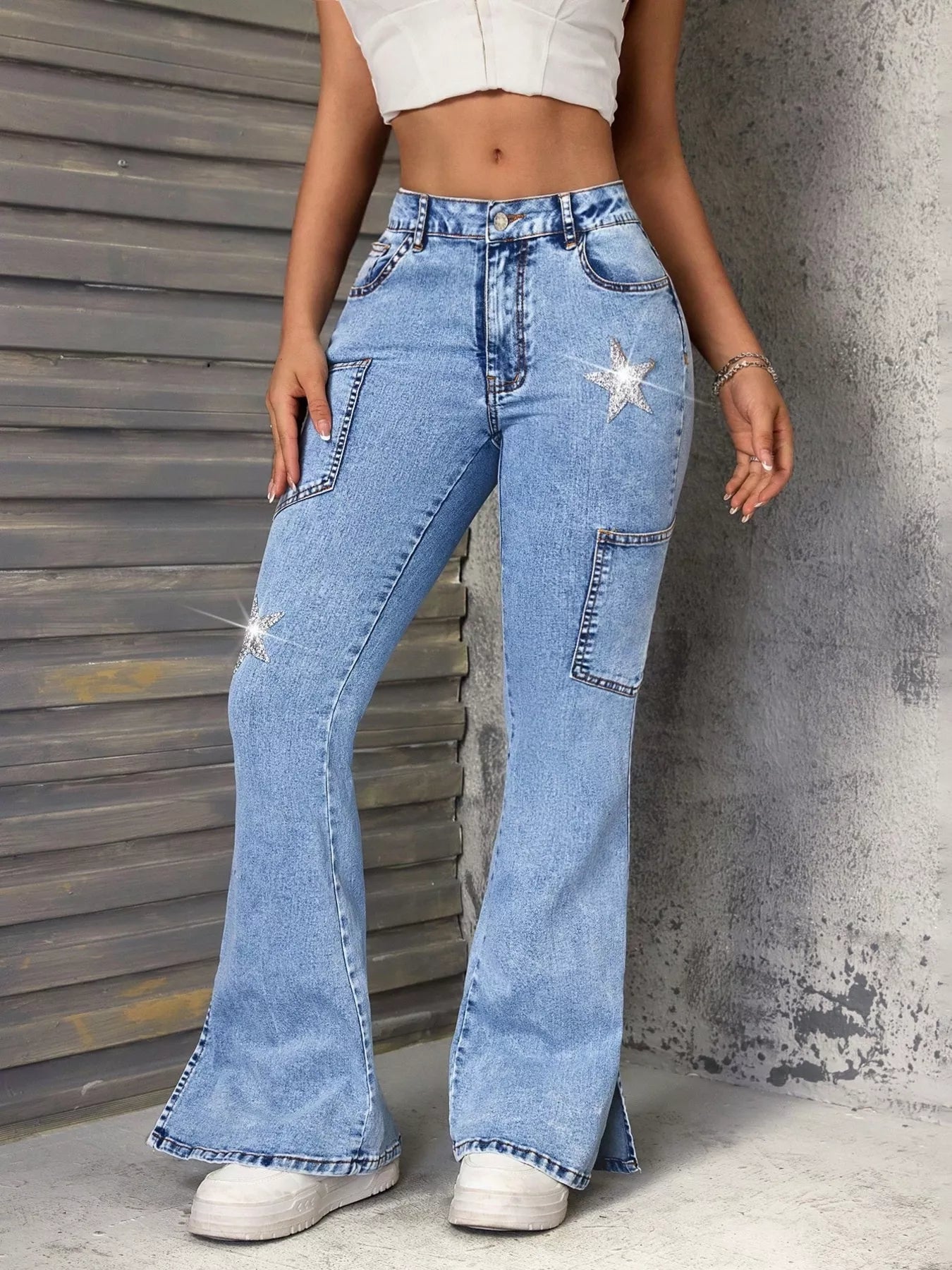She Wild Slit Star Flare Leg Jeans
